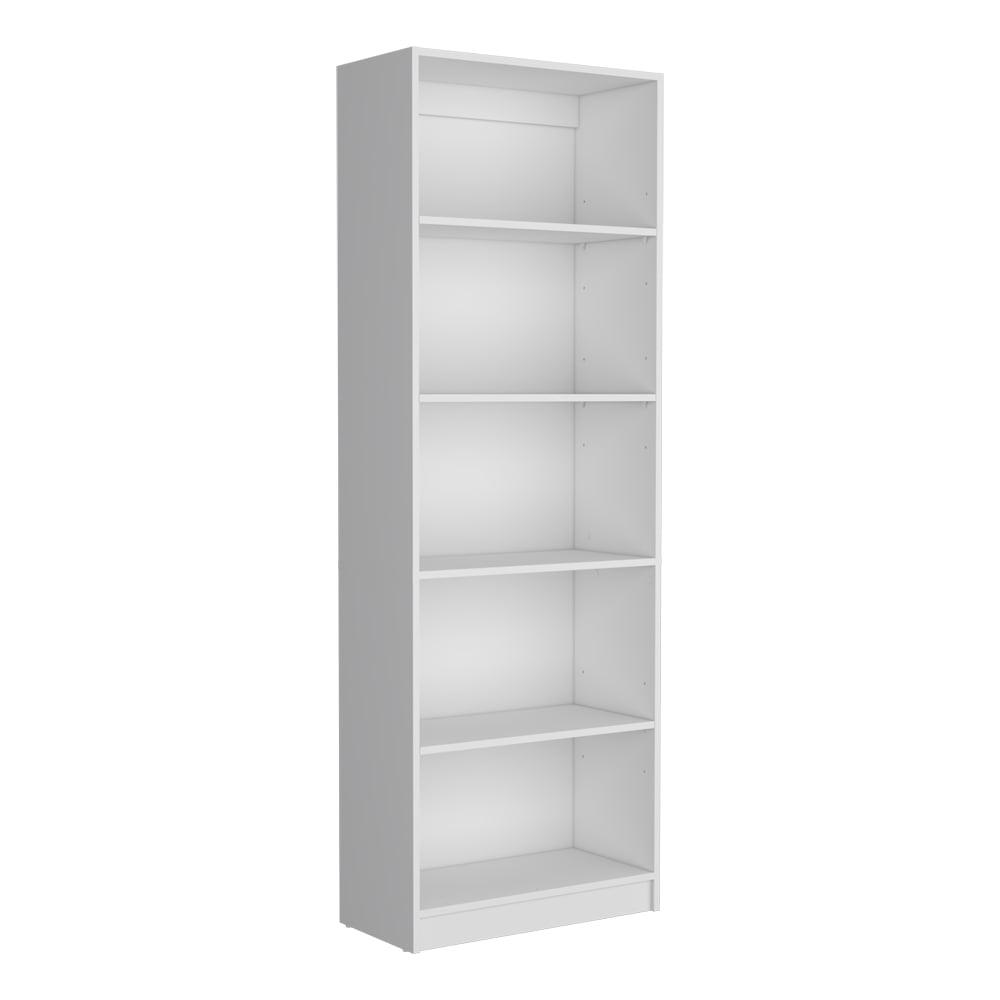 White Adjustable 5-Shelf Wooden Bookcase