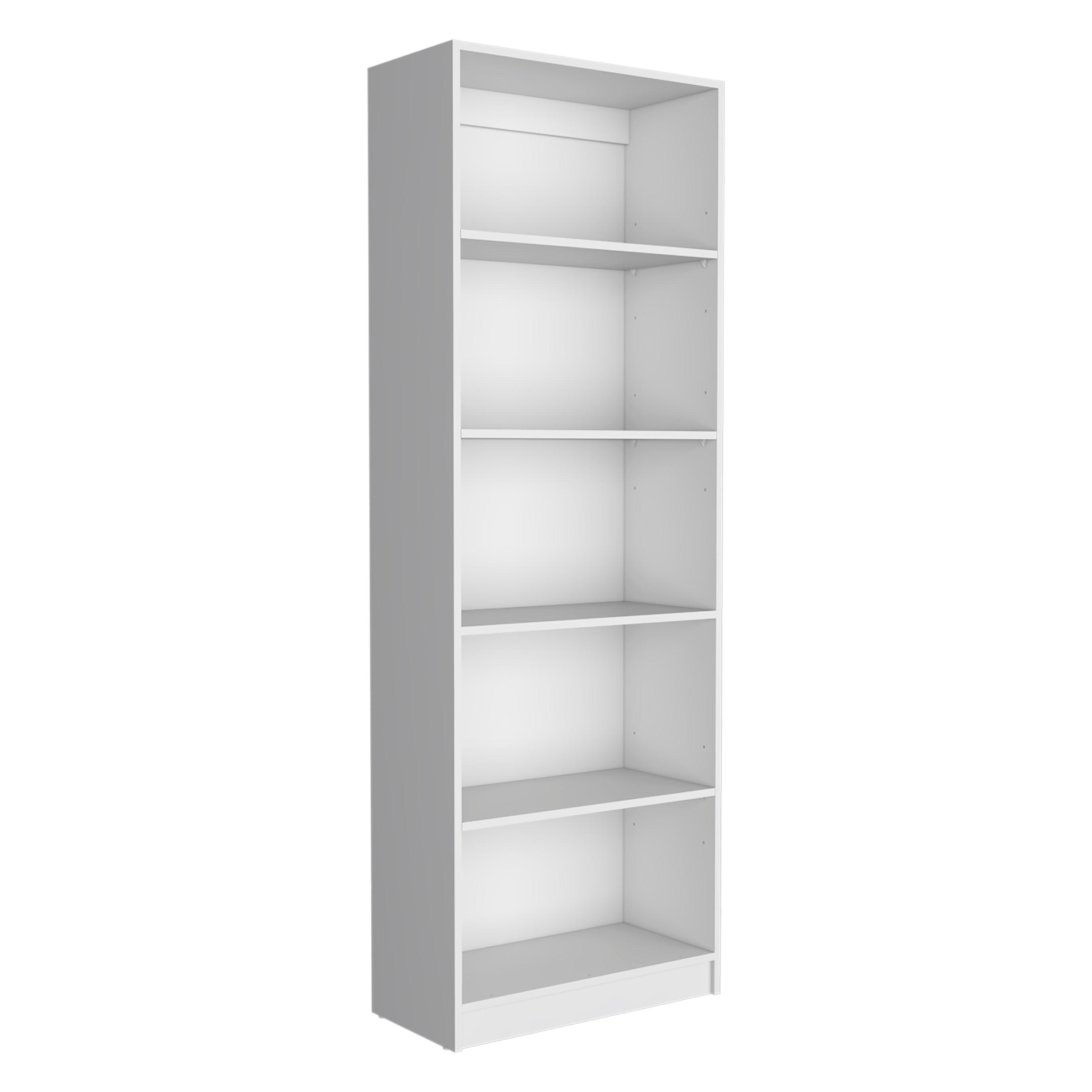 White Adjustable 5-Shelf Wooden Bookcase