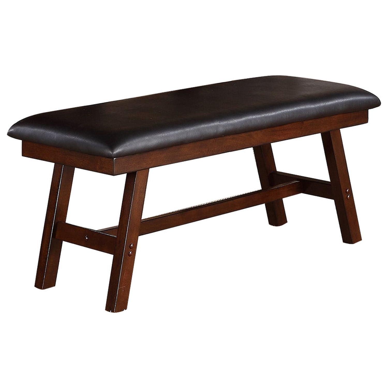 Benzara Rubber Wood Bench with Faux Leather Upholstery Large Brown
