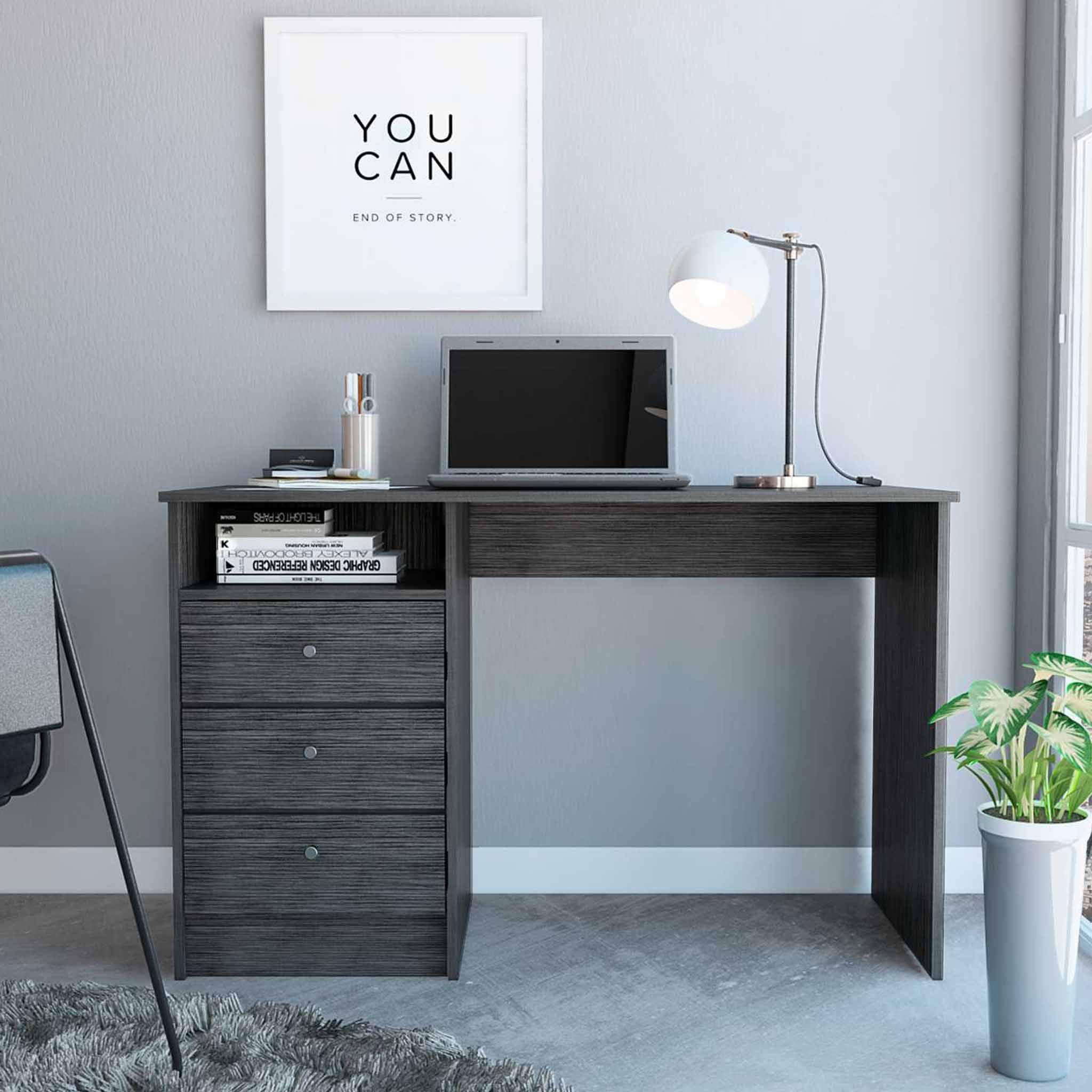 Gray Oak 46" Modern Computer Desk with Keyboard Tray and Drawers