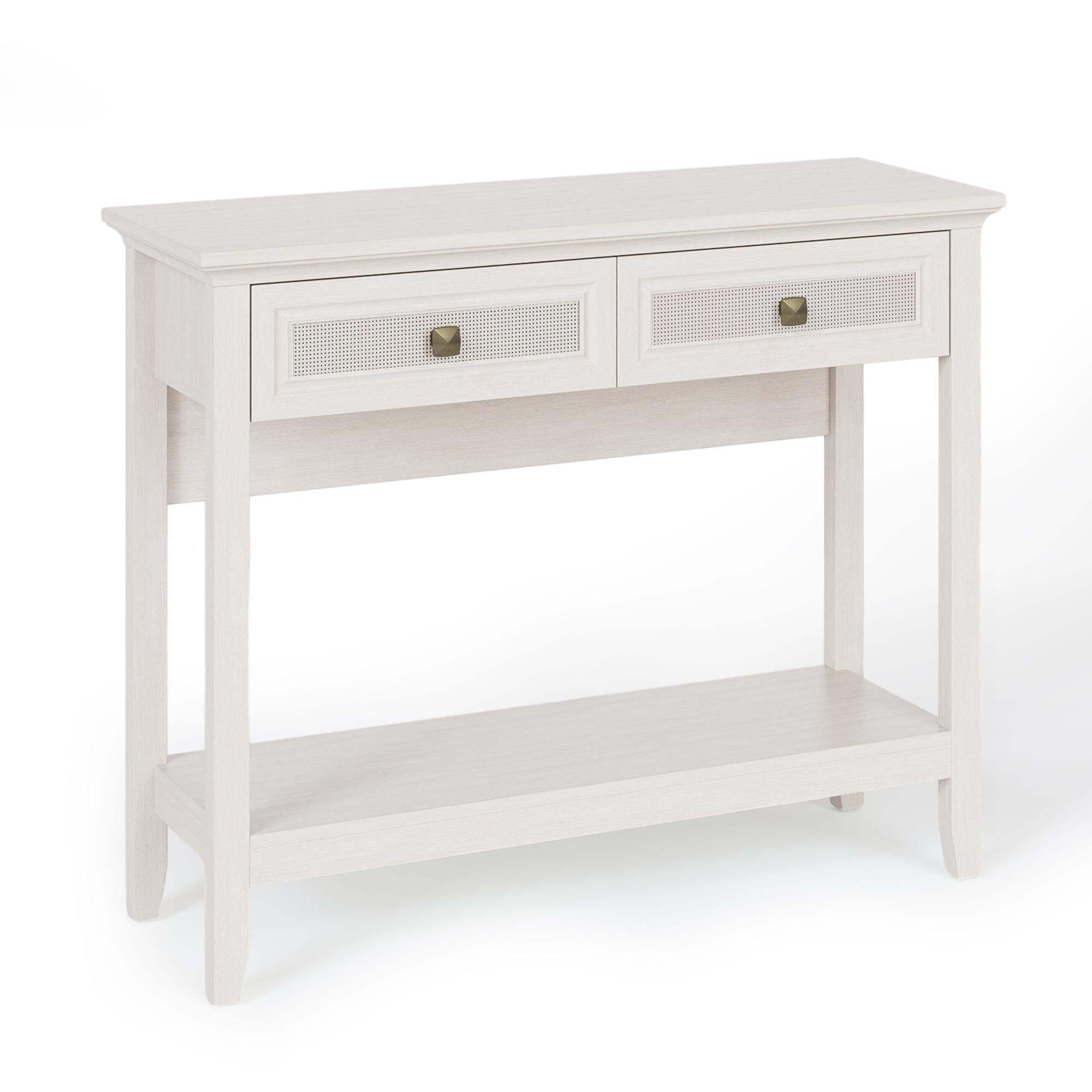 White Wood Console Table with Rattan Drawers and Bottom Shelf