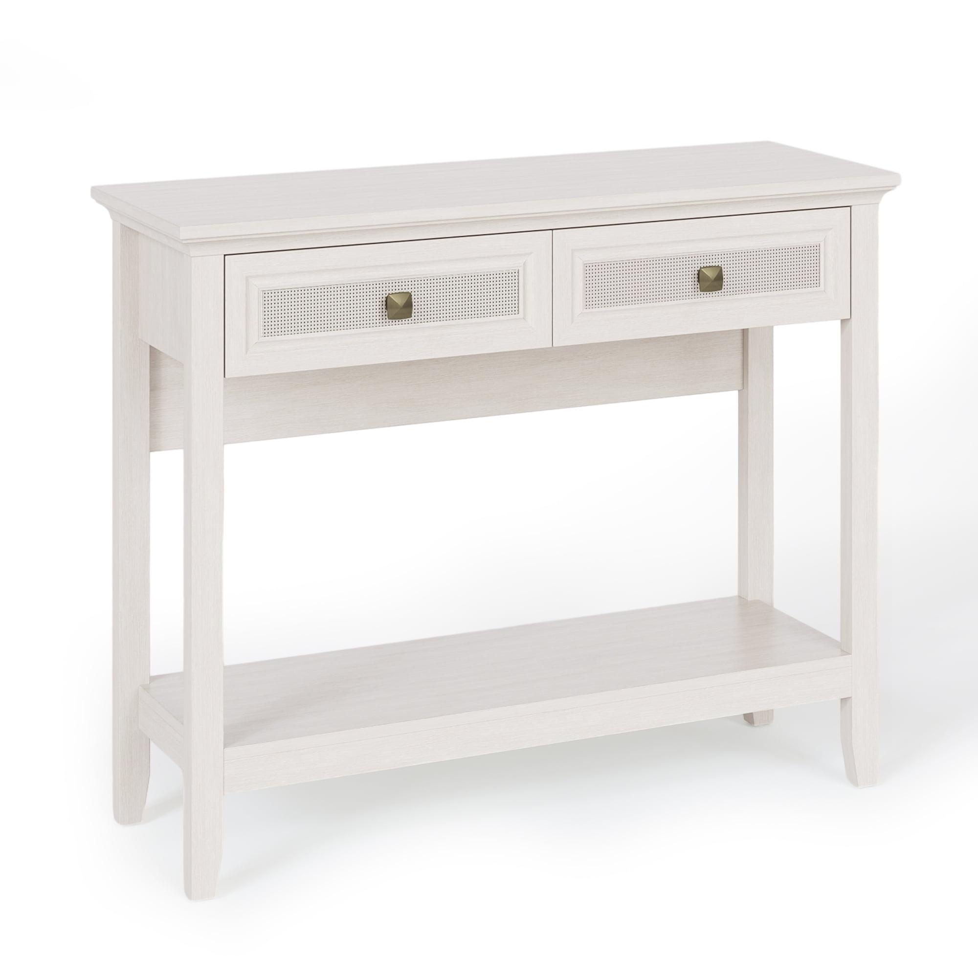 White Wood Console Table with Rattan Drawers and Bottom Shelf