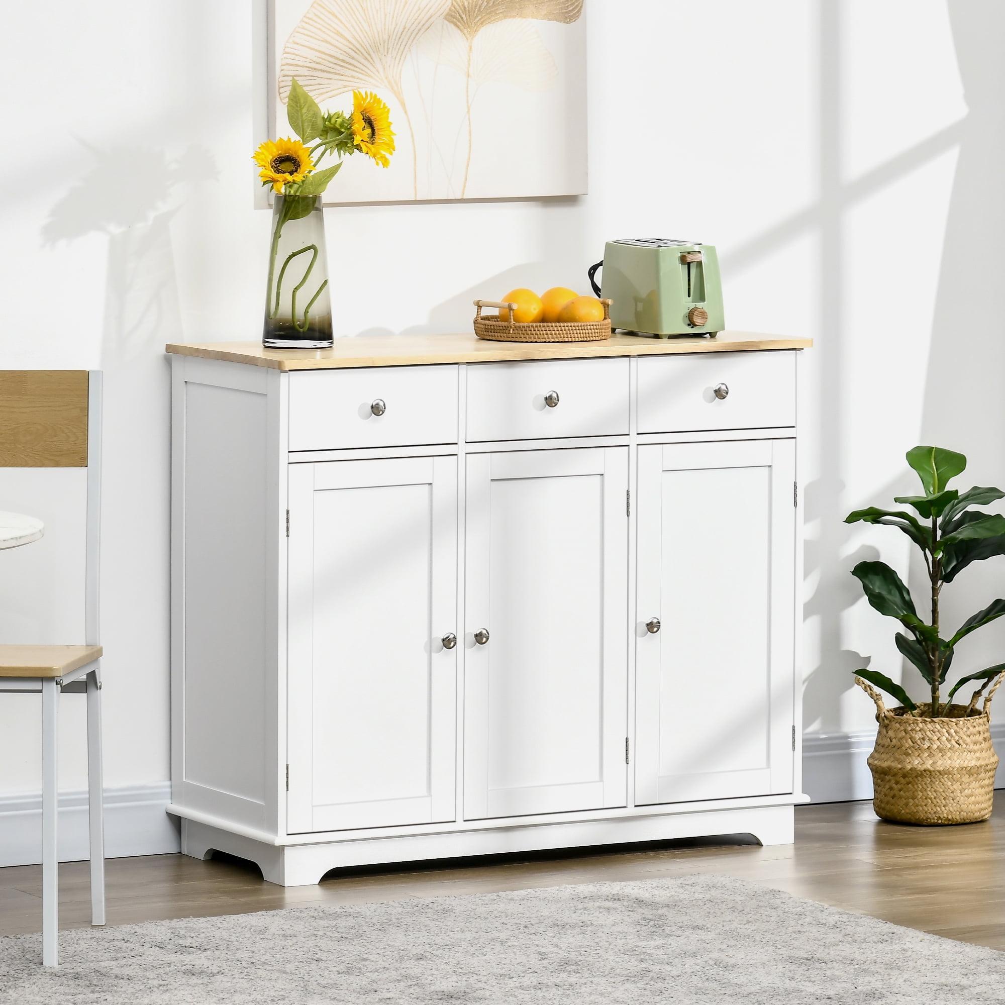 Dtwnek Solid Wood Countertop Sideboard with 3 Drawers and Shelf, 3 Doors Kitchen Storage Cabinet Coffee Bar Cabinet for Kitchen, Dining Room, White