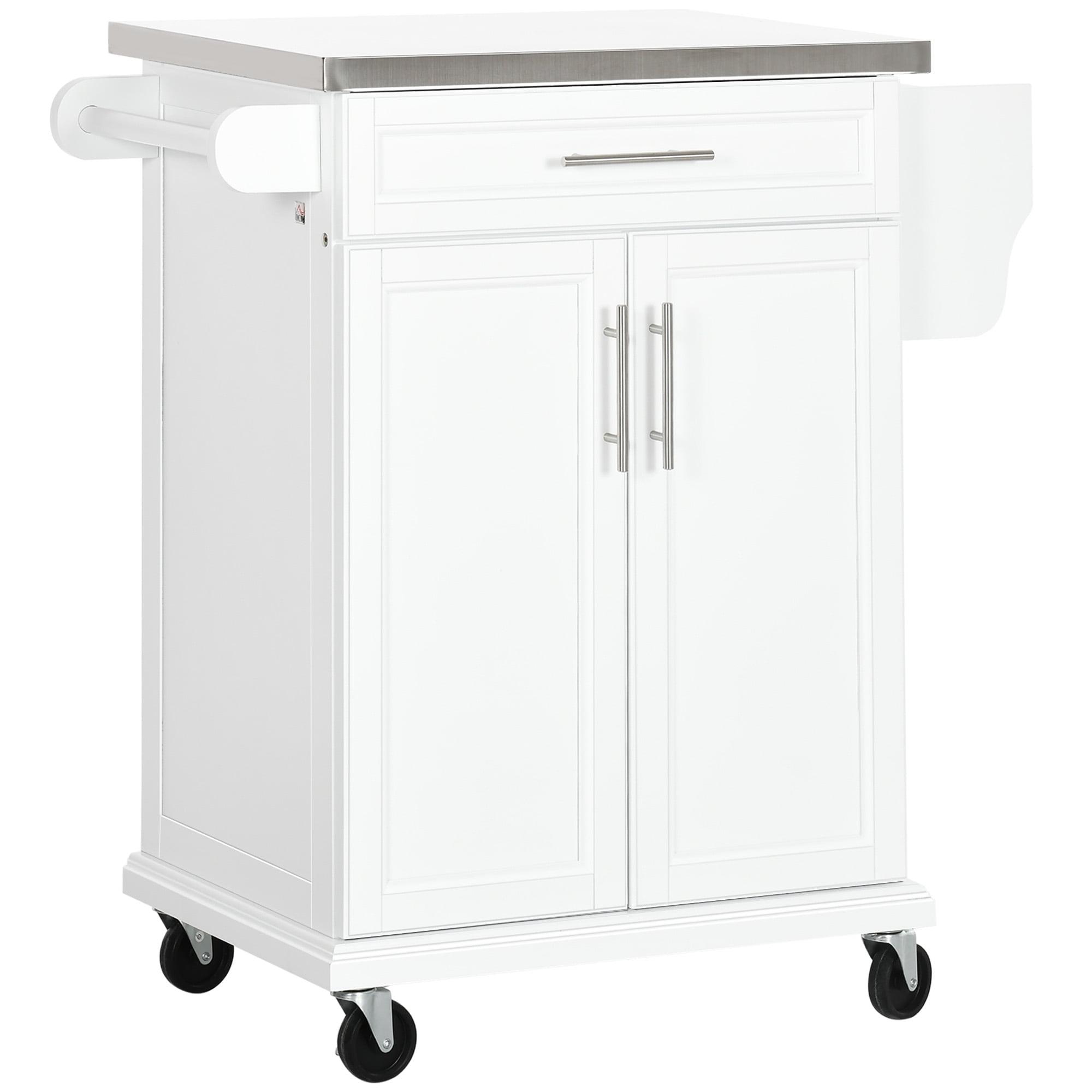 Qumbnk Stainless Steel Top Kitchen Cart with Wheels and Drawer, Modern Rolling Kitchen Island with Towel Rack and Spice Rack, White