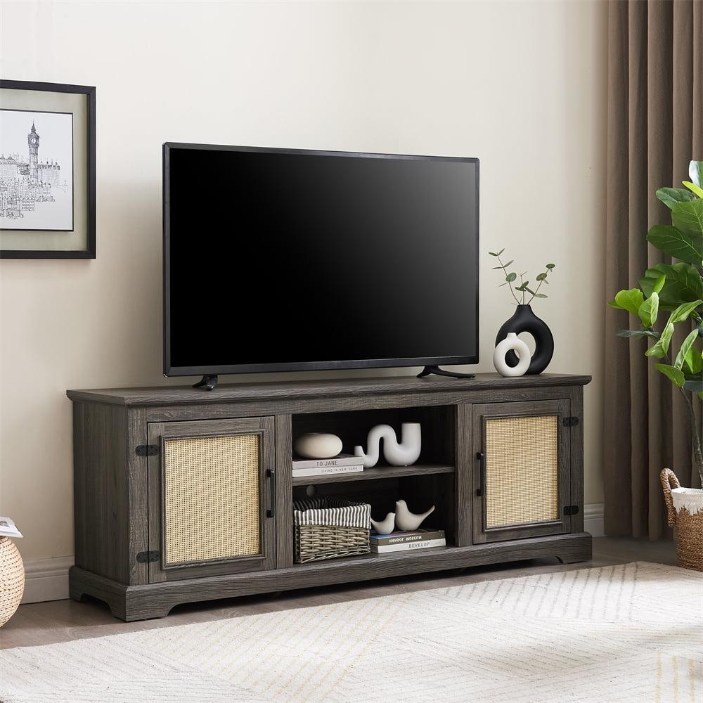 Dtwnek TV Stand for TVs up to 70 Inches, TV Console Table with 2 Storage Shelves and 2 Natural Rattan Door Cabinets, Gray