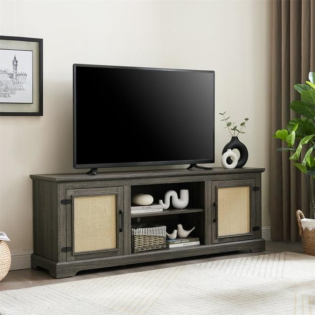 Dtwnek TV Stand for TVs up to 70 Inches, TV Console Table with 2 Storage Shelves and 2 Natural Rattan Door Cabinets, Gray