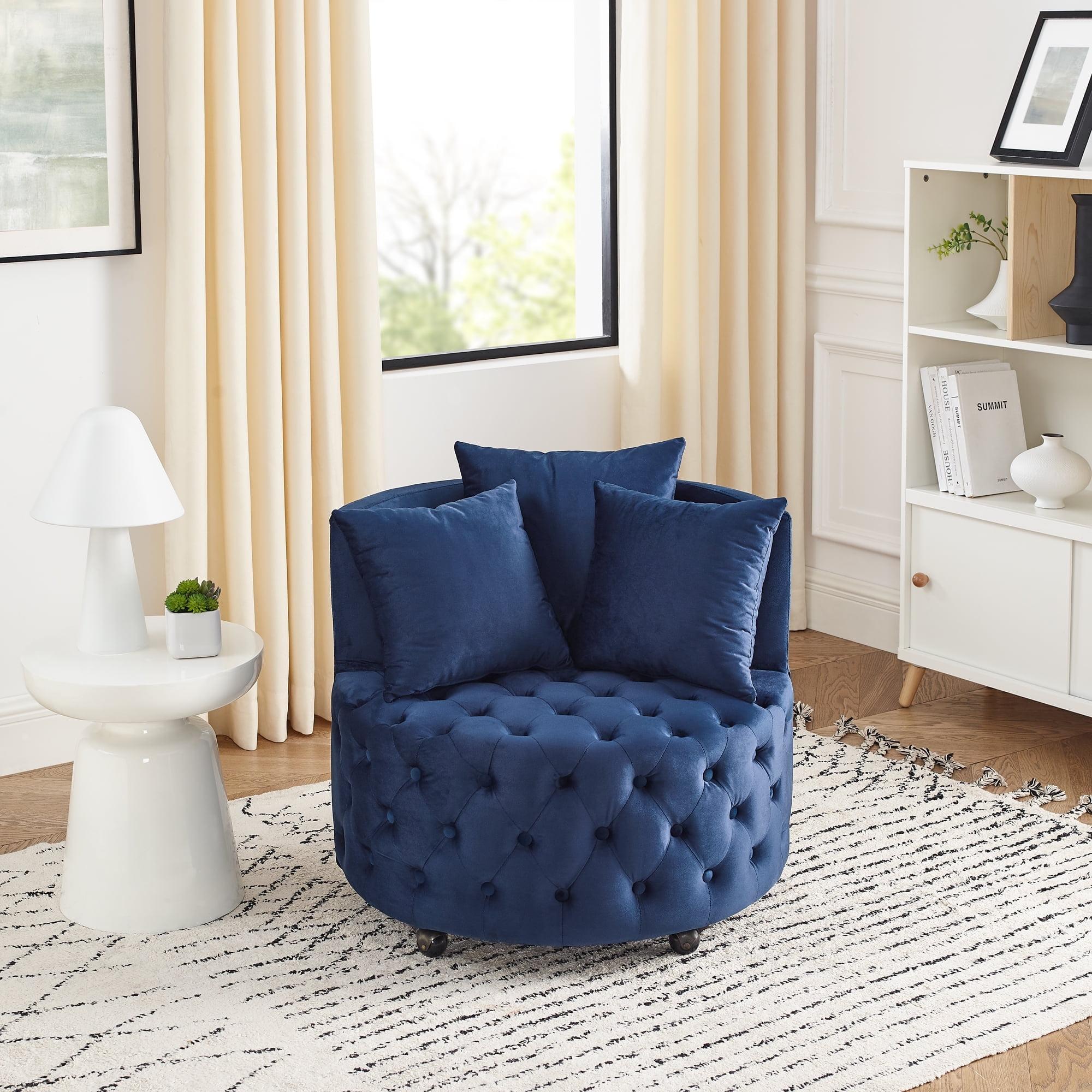 Velvet Upholstered Swivel Chair with 4 Universal Caster Wheels, Wooden Button Tufted Design Single Sofa Chair with 3 Pillows for Apartment, Office, Living Room & Bedroom (Blue)
