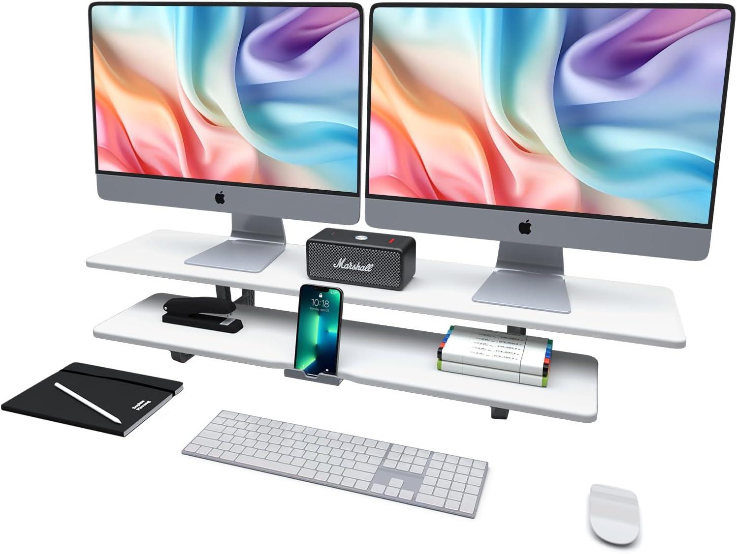 Hokku Designs Dual Monitor Stand, Computer Monitor Riser For 2 Monitors, 2 Tiers Wood Monitor Stand Desk Shelf With Storage Organizer And Cable Management For Office Desk Accessories