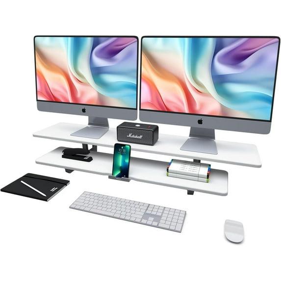Hokku Designs Dual Monitor Stand, Computer Monitor Riser For 2 Monitors, 2 Tiers Wood Monitor Stand Desk Shelf With Storage Organizer And Cable Management For Office Desk Accessories