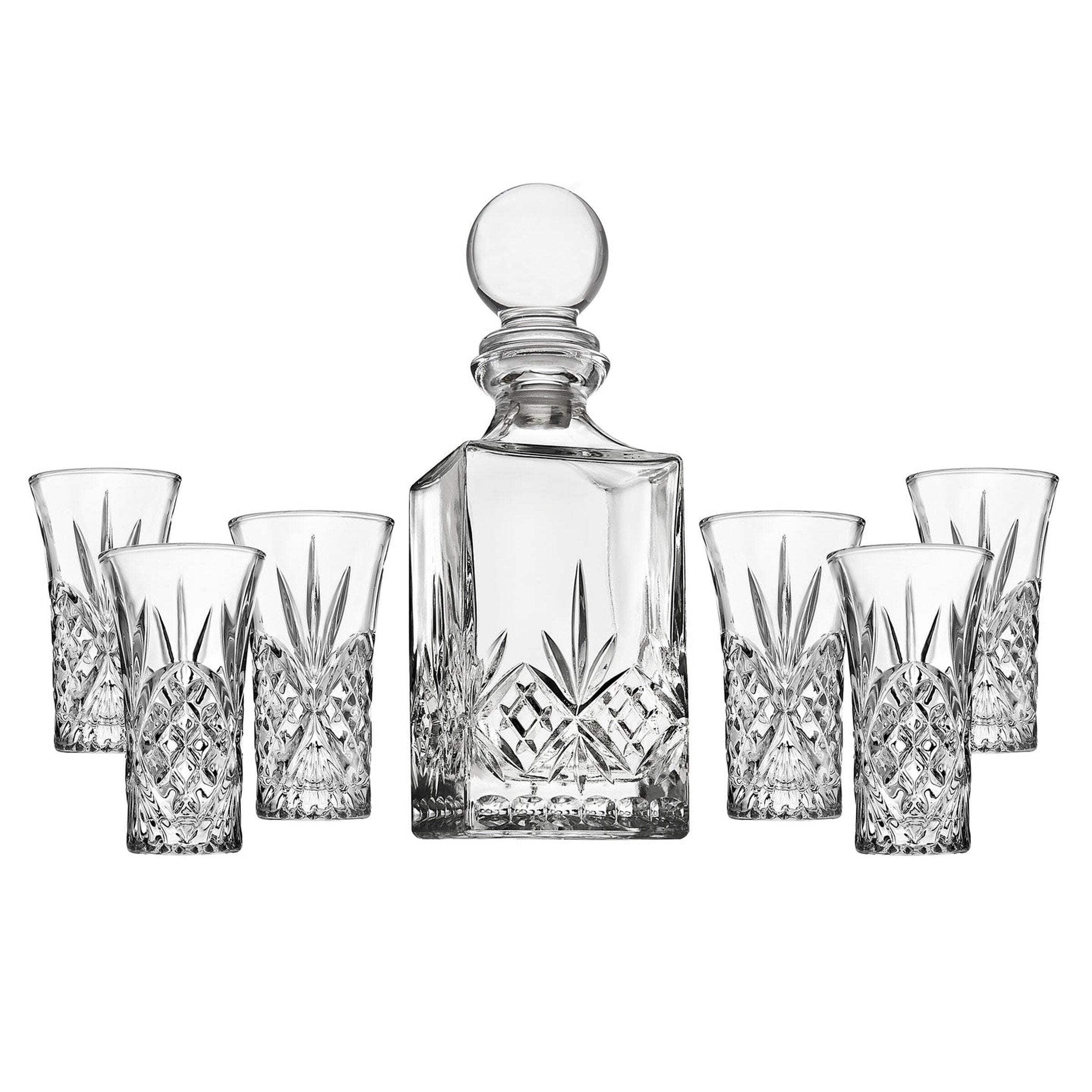 Godinger Silver 7pc Dublin Crystal Spirits Decanter and Shot Glass Set: Hand Wash, Dishwasher-Safe, Service for 6