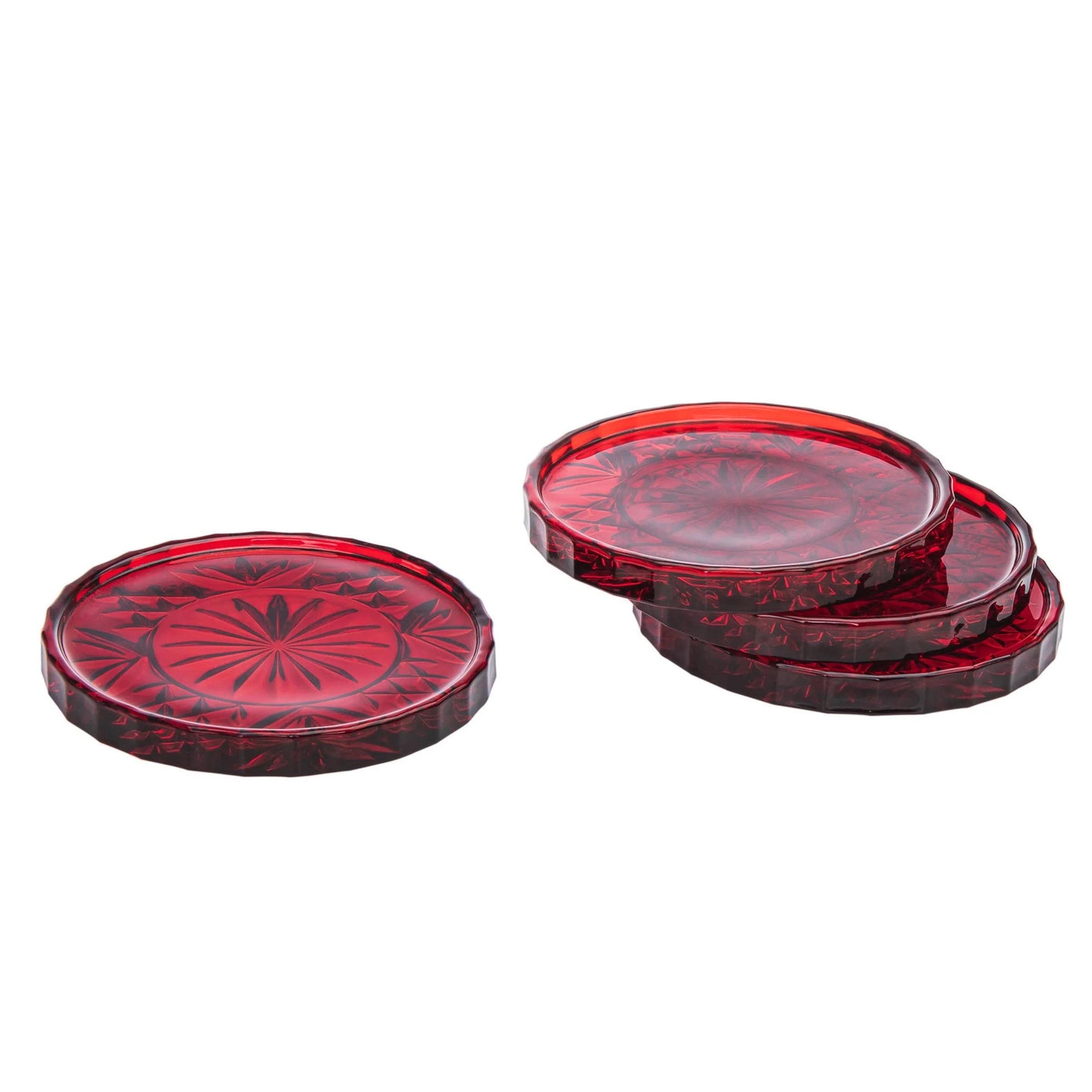 Set of 4 Red Crystal Glass Circle Coasters