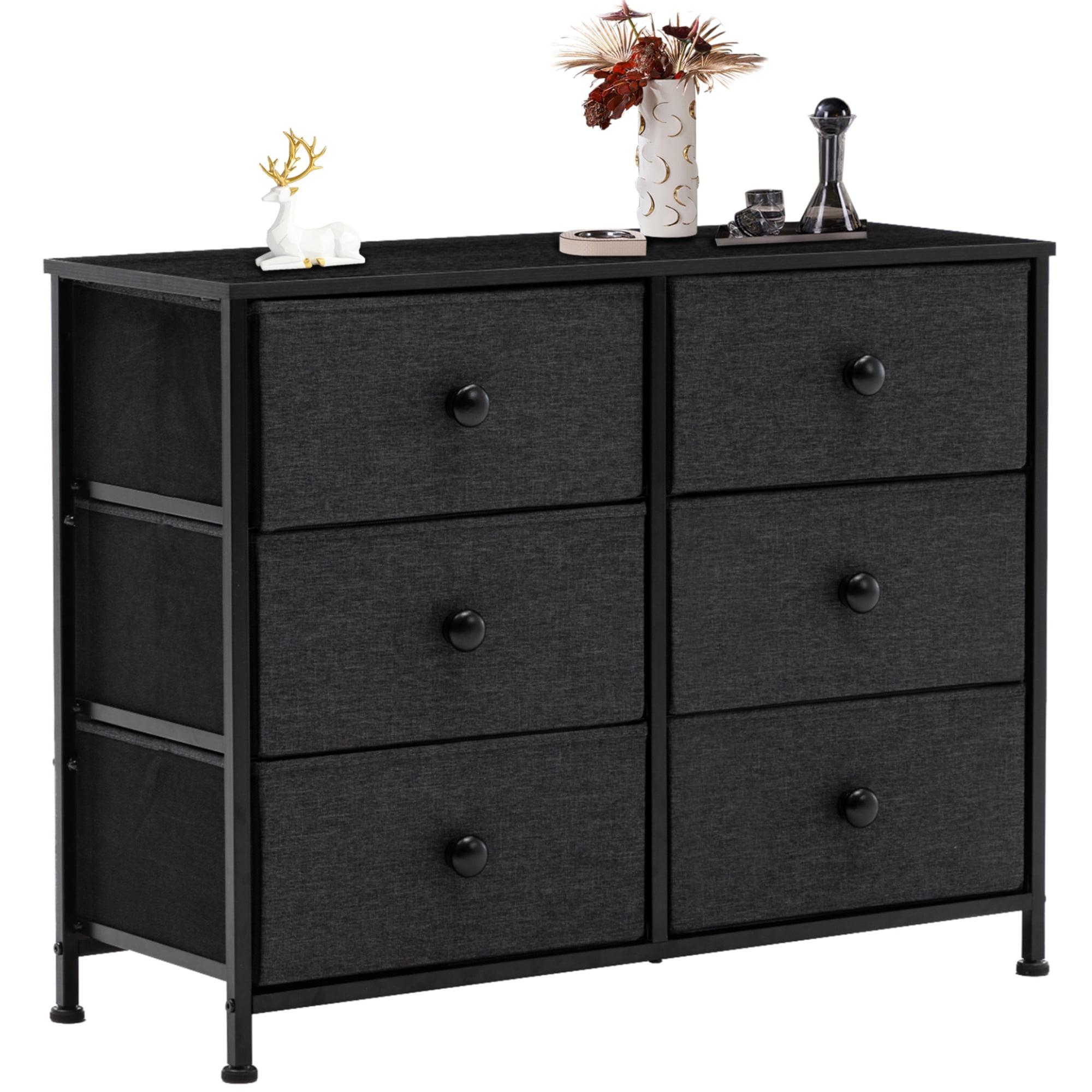 Sleek Black 6-Drawer Horizontal Dresser with Metal Frame