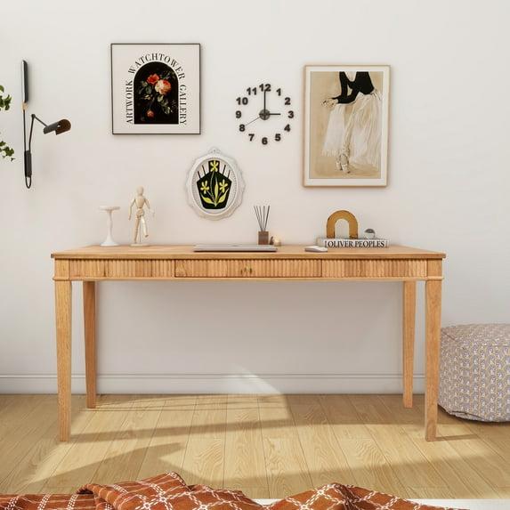 Dumont Modern Farmhouse 1-Drawer Fluted Home Office Writing Desk, Natural Blonde Solid Rubberwood & Rubberwood Veneer