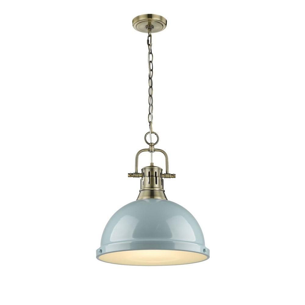 Golden Lighting Duncan 1-Light Large Pendant with Chain in Aged Brass with Seafoam