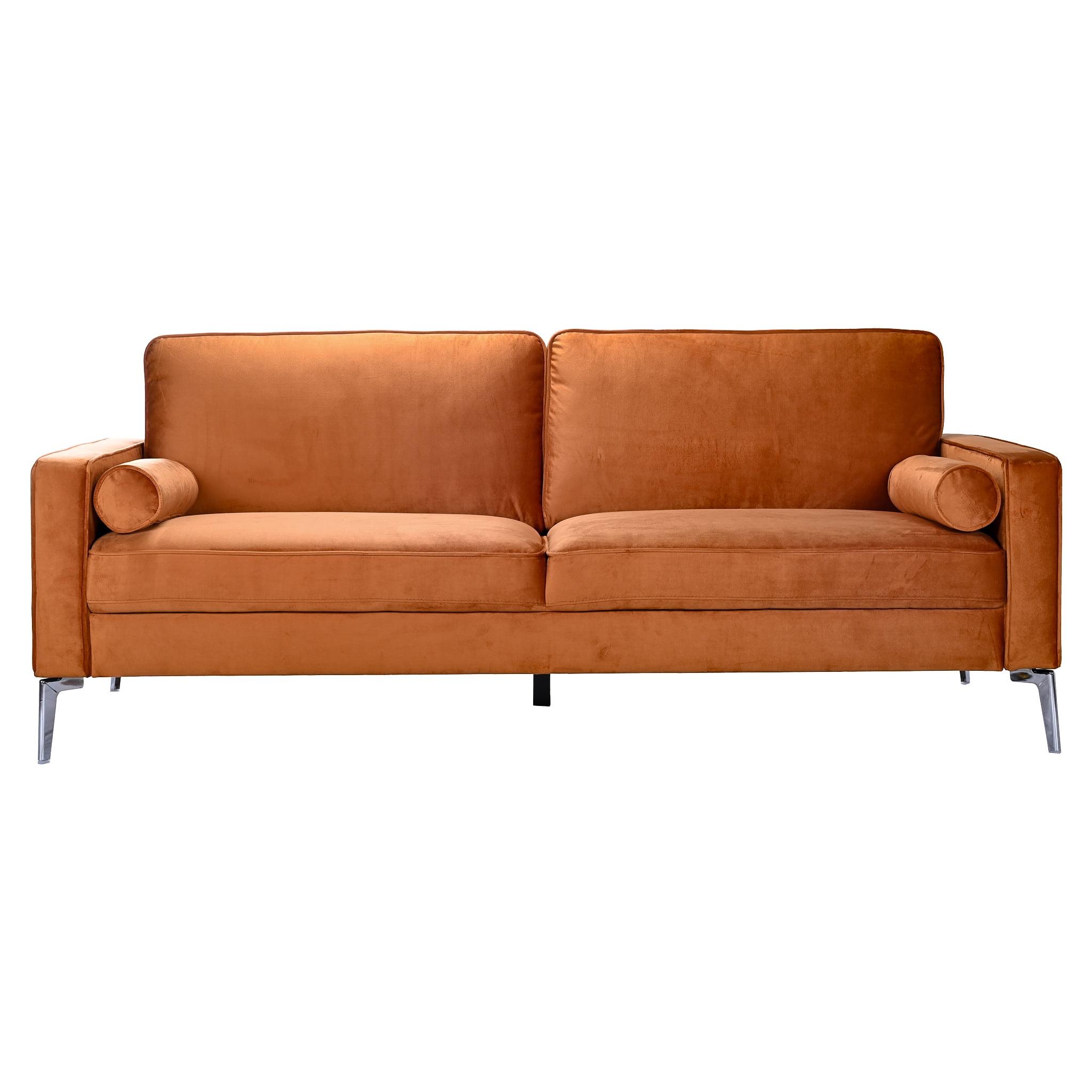 Burnt Orange Velvet Mid-Century Modern 3-Seater Sofa