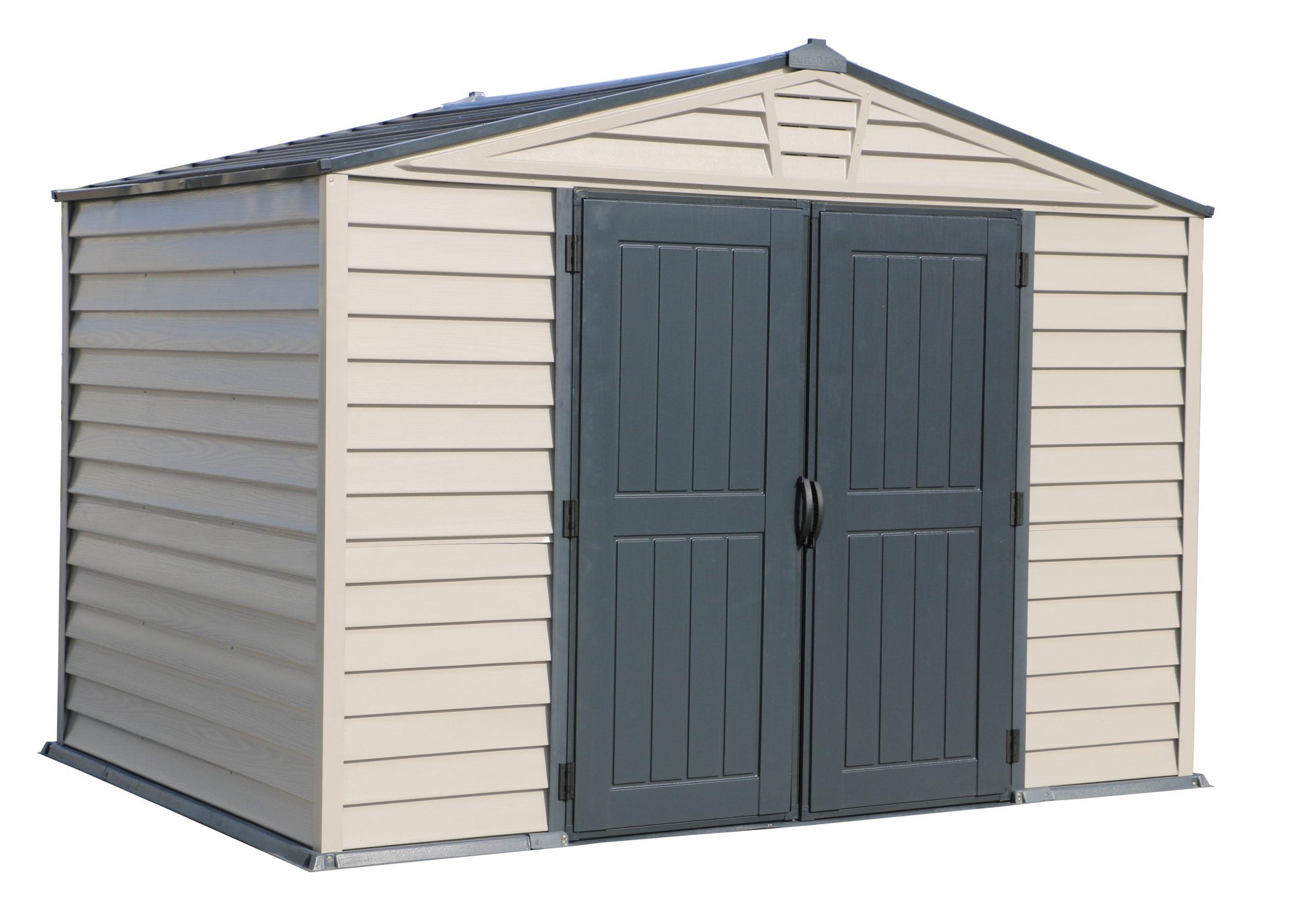 Gray 8' x 10' Vinyl Storage Shed with Shelving and Windows