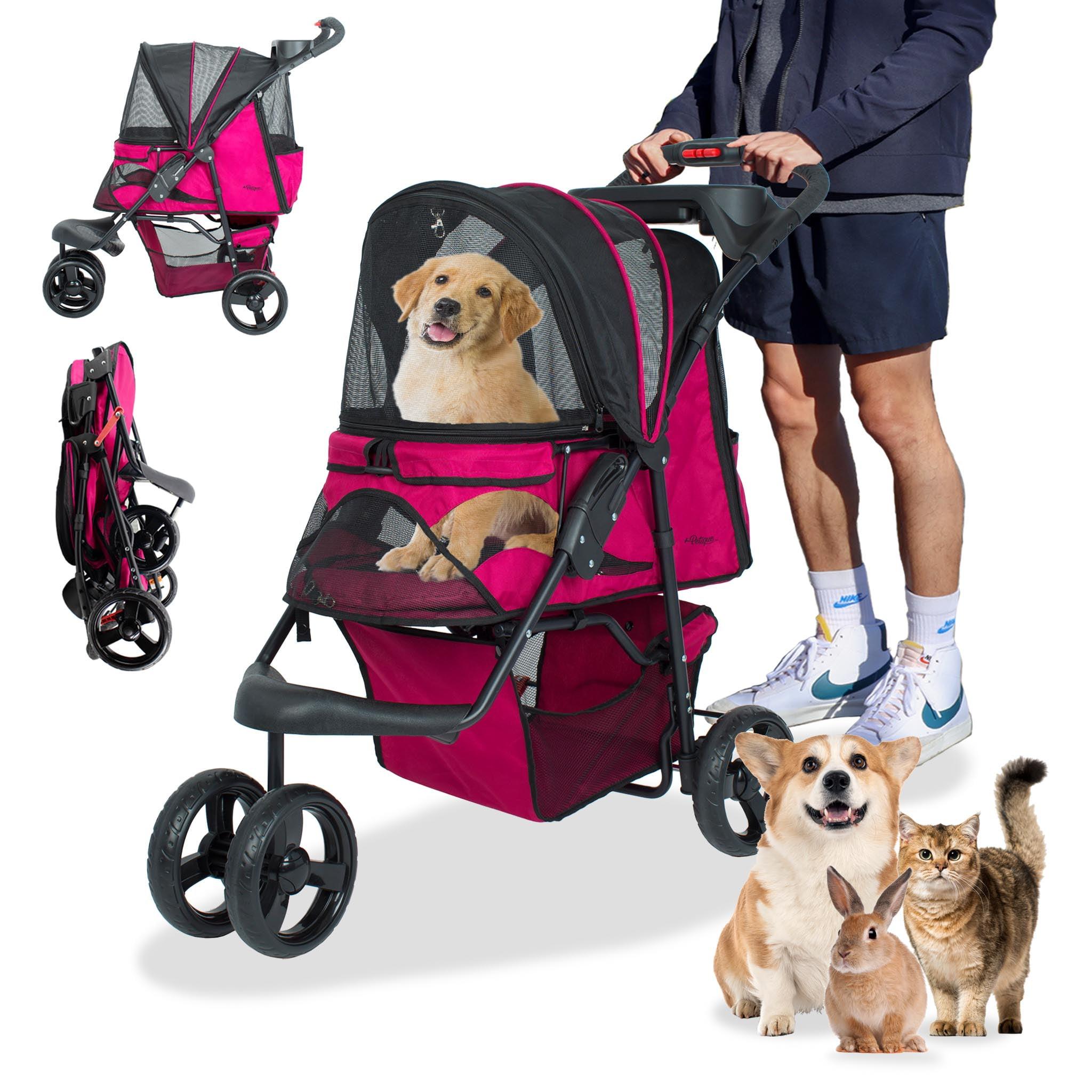 Razzberry Pink Foldable Pet Stroller with Storage Basket