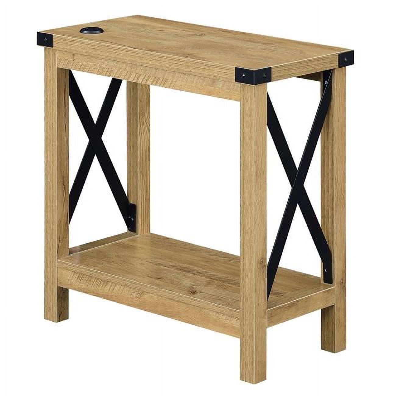 Oak & Black Particle Board Charging End Table with Shelf