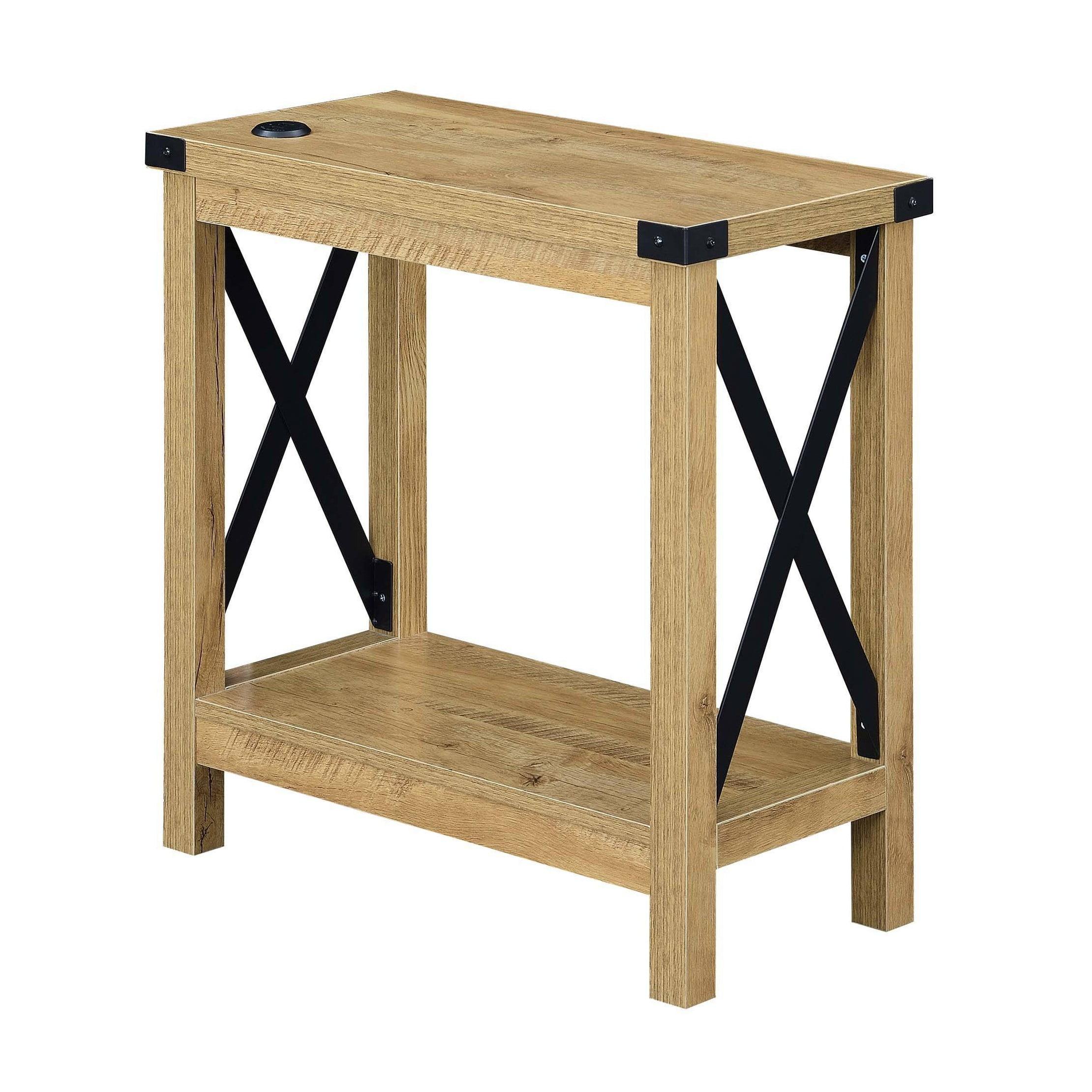 Oak & Black Particle Board Charging End Table with Shelf