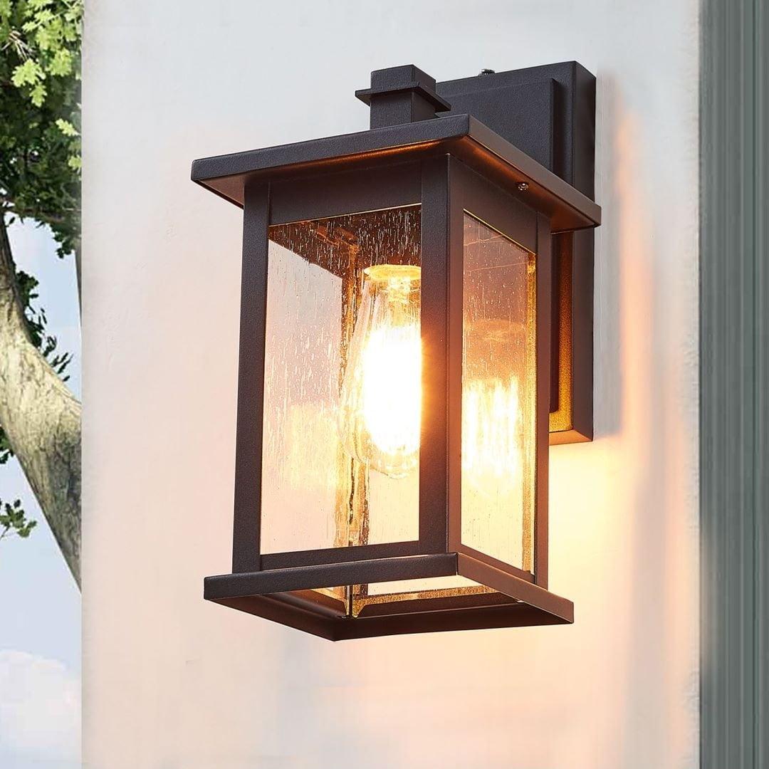 Matte Black Dimmable Lantern Sconce with Seedy Glass