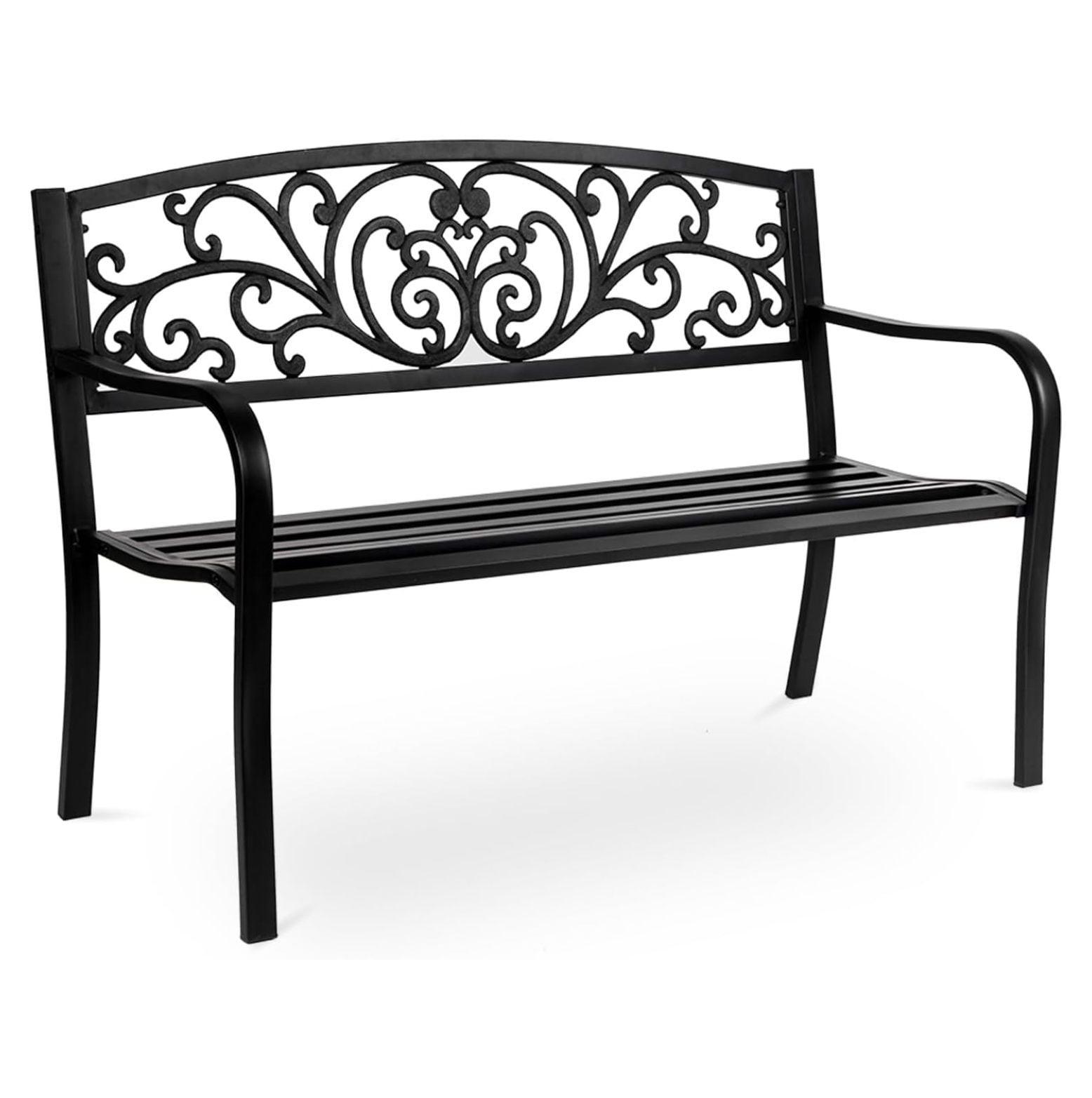 Black Steel Outdoor Bench with Floral Backrest, 52"