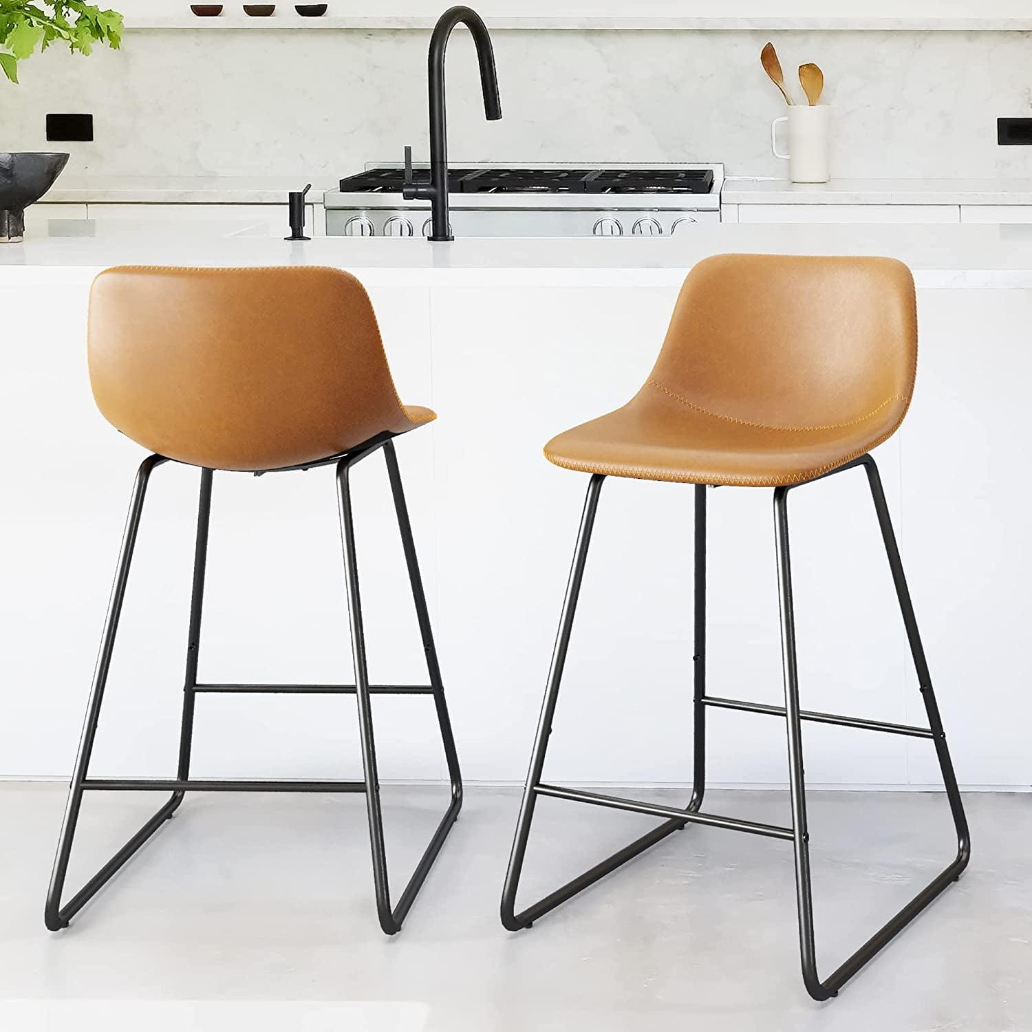 Whiskey Brown Faux Leather Counter Stools with Iron Frame, Set of 2