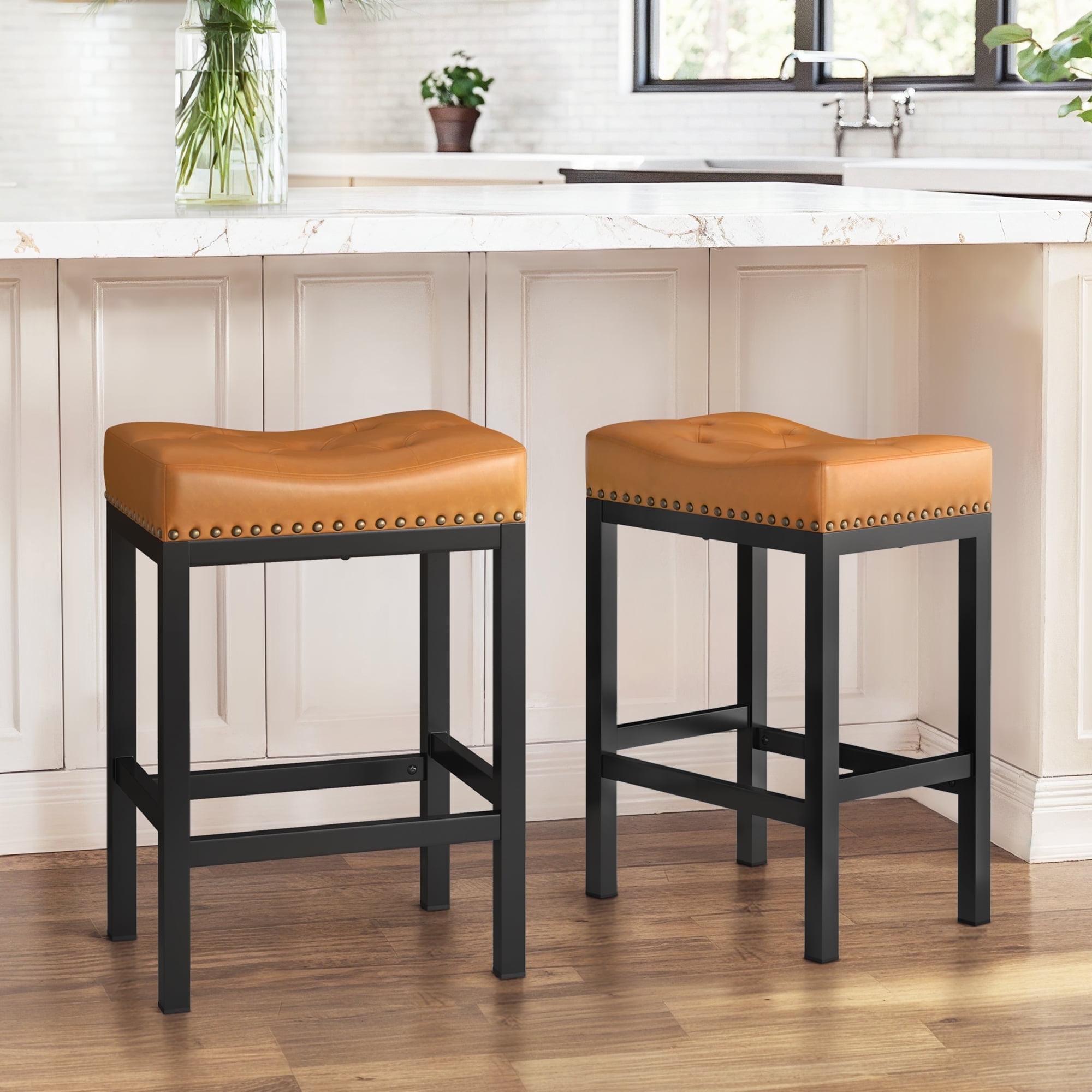 Whiskey Brown Faux Leather Saddle Bar Stools with Metal Frame, 24"