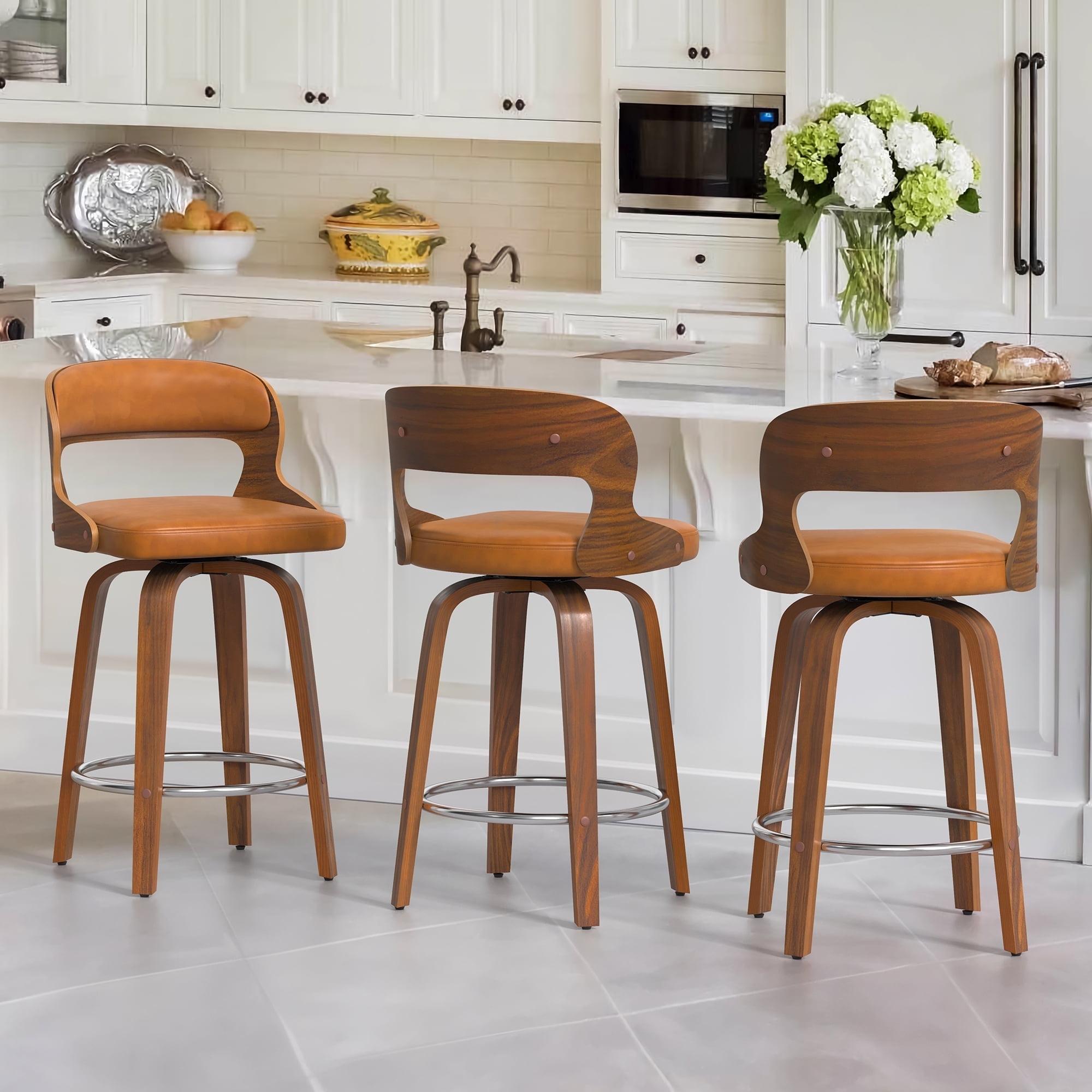 Whiskey Brown Faux Leather and Wood Swivel Counter Stools, Set of 3