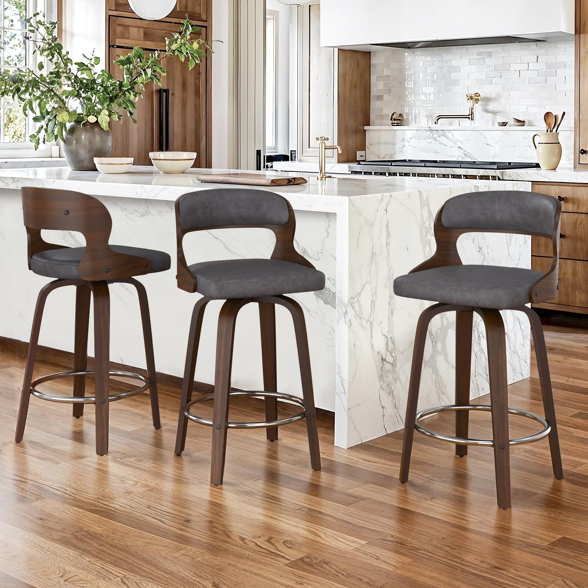 Gray Faux Leather and Walnut Wood Swivel Counter Stools, Set of 3