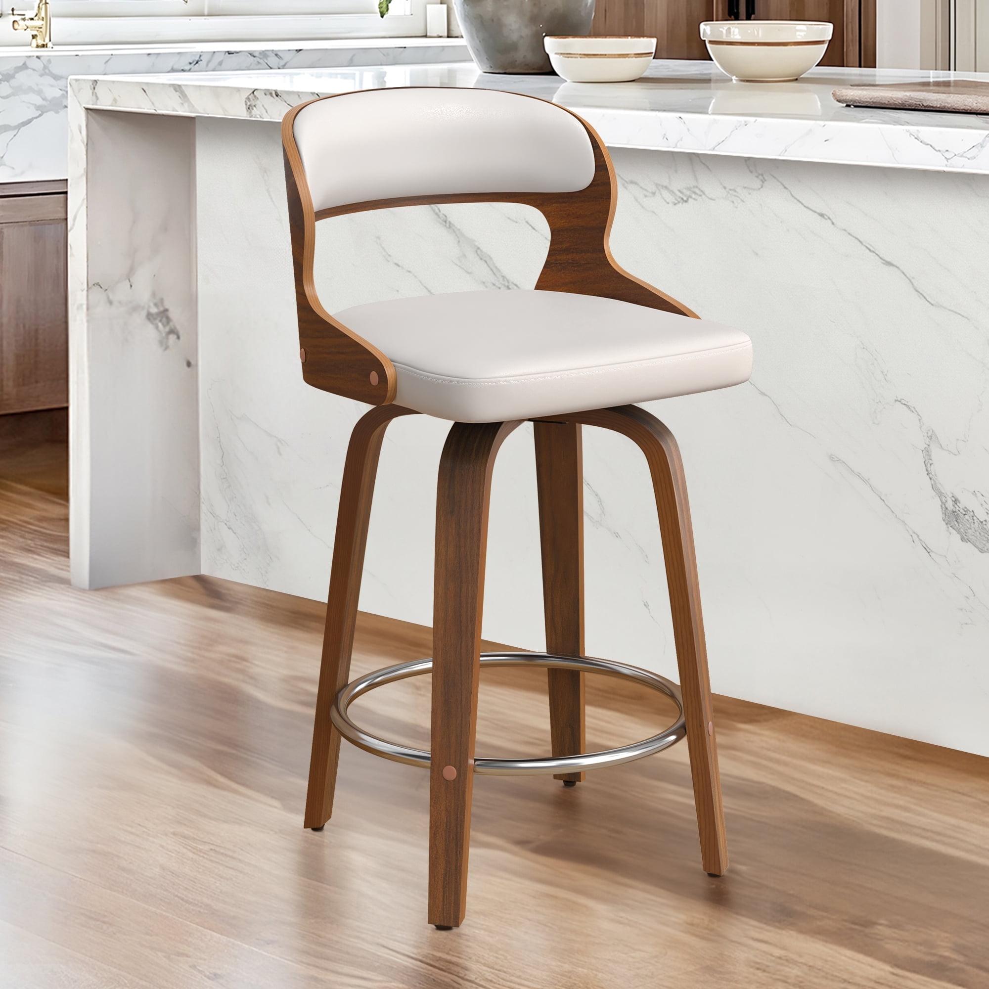 26" White Faux Leather Swivel Counter Stool with Walnut Wood Frame