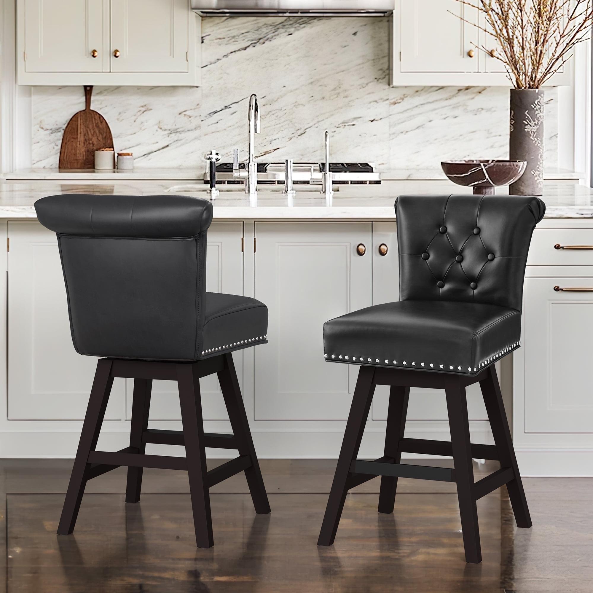 Dycanpo 26'' Swivel Bar Stools Set of 2, Upholstered Barstool with Footrest for Kitchen,Black-Faux Leather