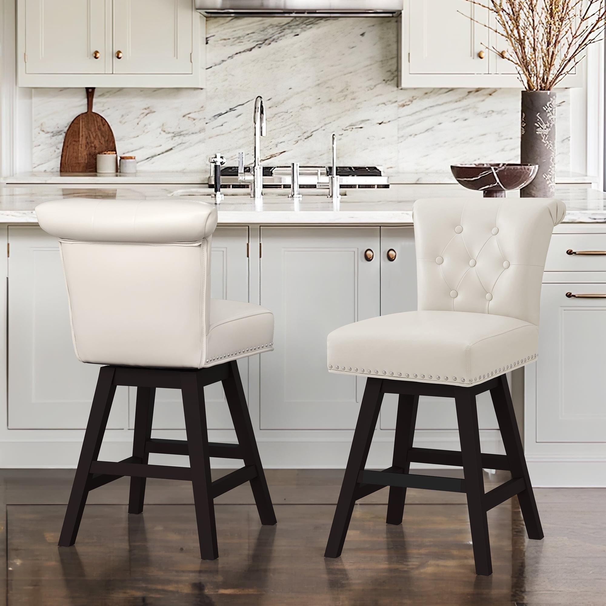 Dycanpo 26'' Swivel Bar Stools Set of 2, Upholstered Barstool with Footrest for Kitchen,White-Faux Leather