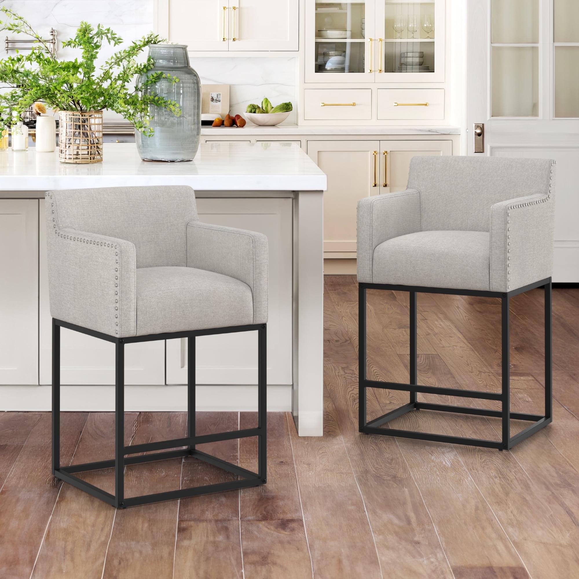 Light Gray Linen Upholstered Counter Stools with Black Metal Frame, Set of 2