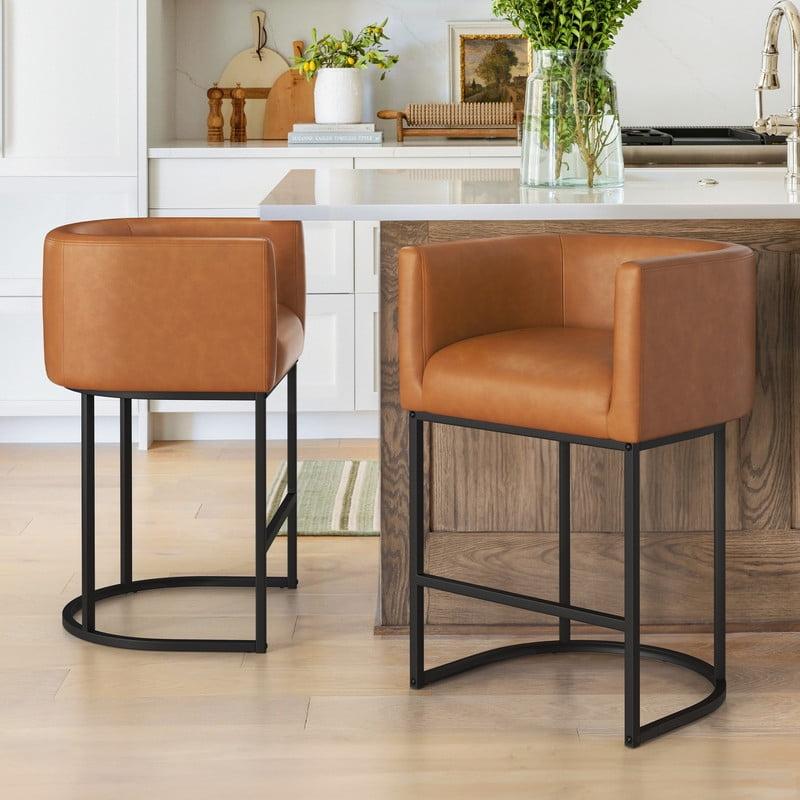 27" Brown Faux Leather and Black Metal Counter Stools with Arms, Set of 2