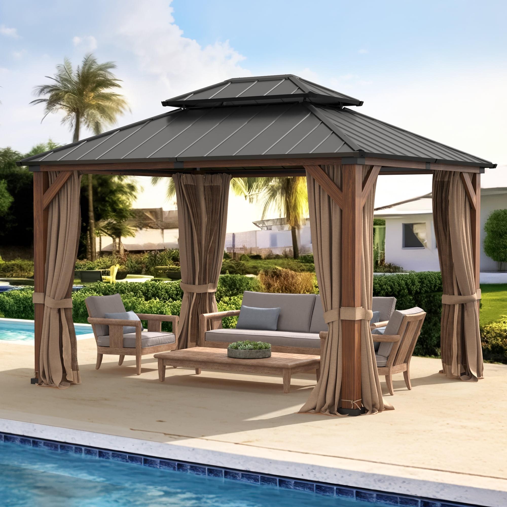 Brown Aluminum Hardtop Gazebo with Curtains and Netting, 10'x12'