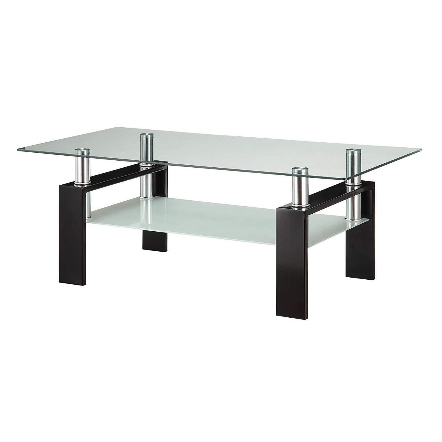 Black Rectangular Glass Coffee Table with Shelf