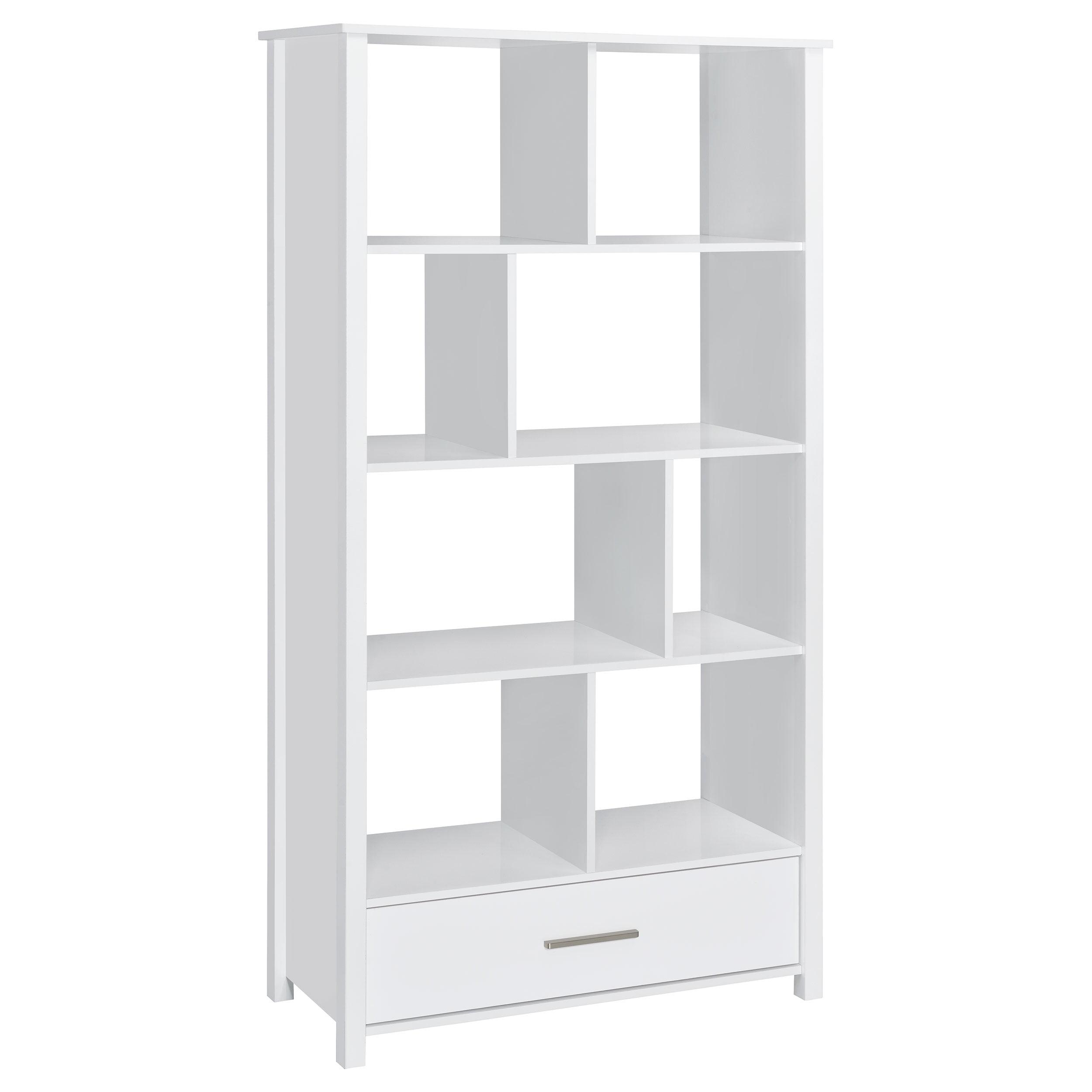 Contemporary White 8-Shelf Bookcase with Sleek Storage Drawer