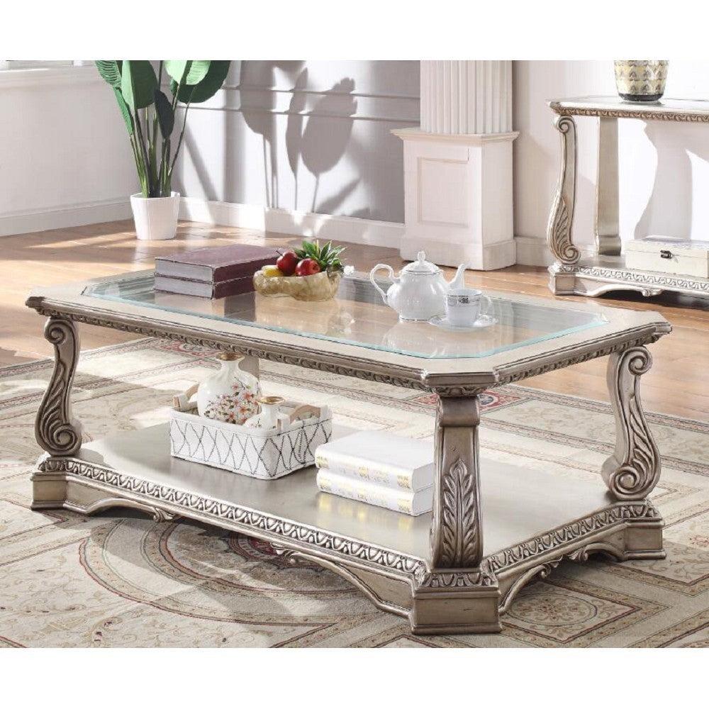 Silver Rectangular Wood and Glass Coffee Table with Storage