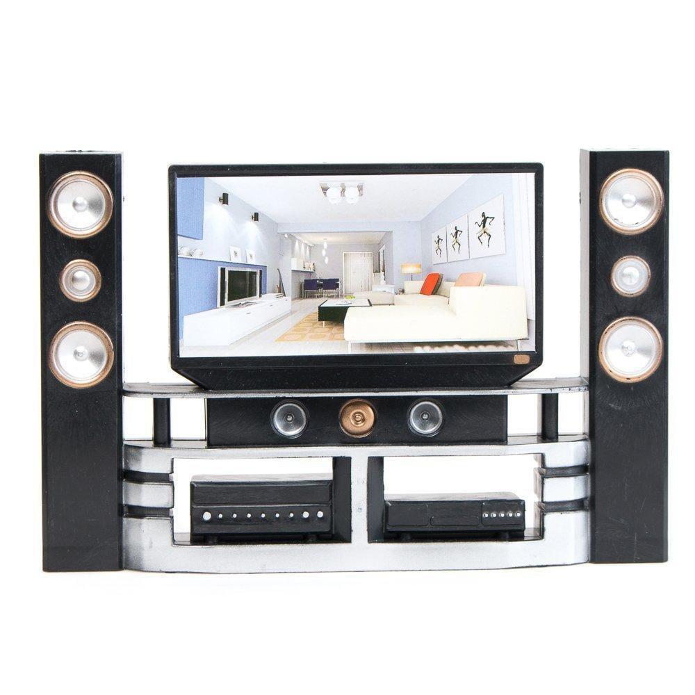 Miniature Black and Silver Hi-Fi TV Cabinet Set for Dollhouses