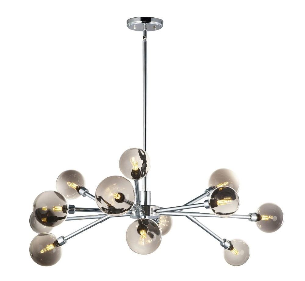 Polished Chrome Sputnik-Inspired 12-Light LED Chandelier with Smoke Glass Shades