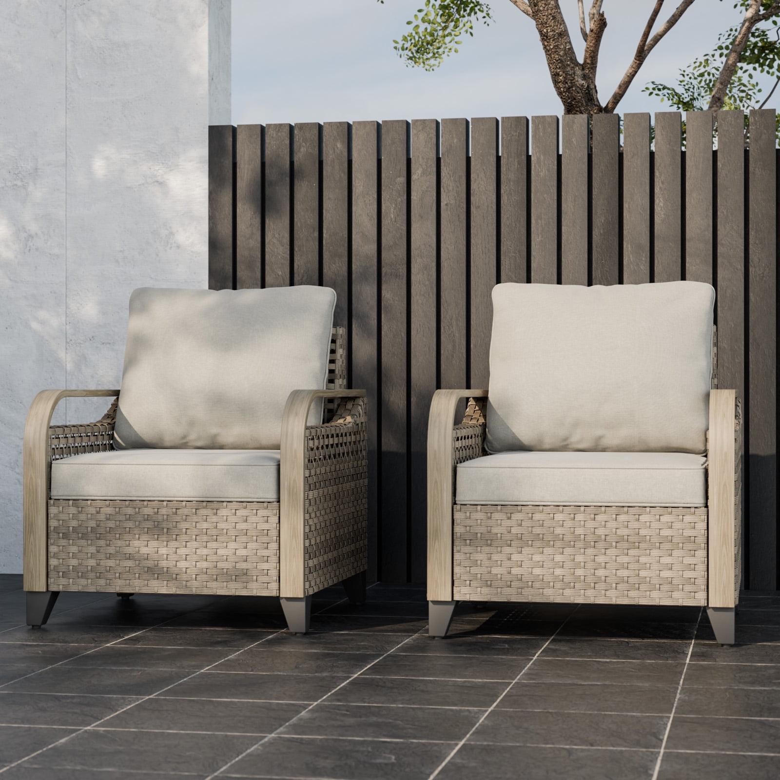 Gray Wicker Outdoor Armchairs with Cushions, Set of 2