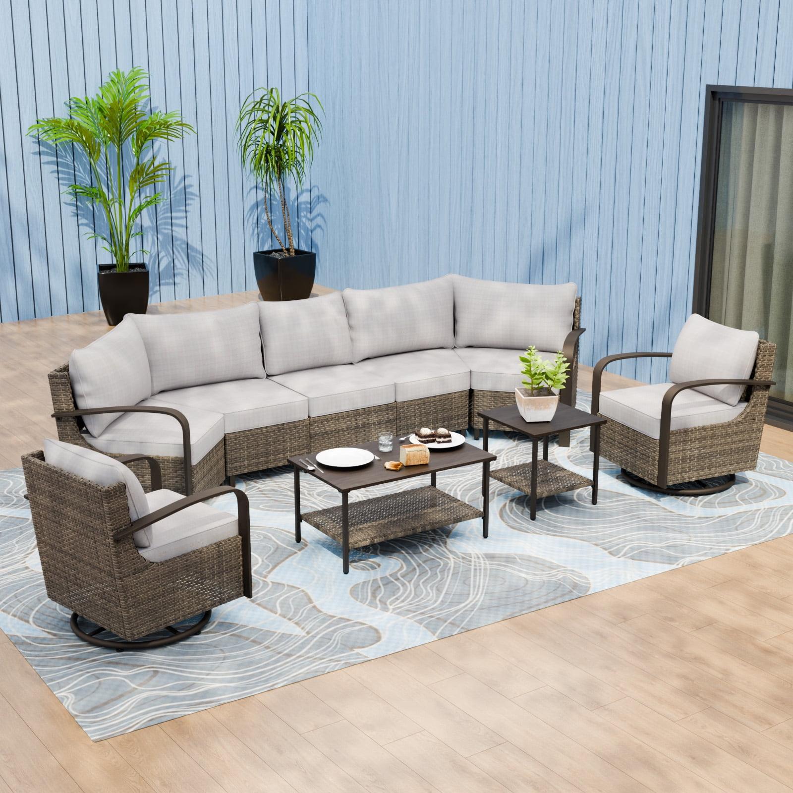 Beige 7-Person Wicker Patio Sectional Sofa Set with Swivel Chairs