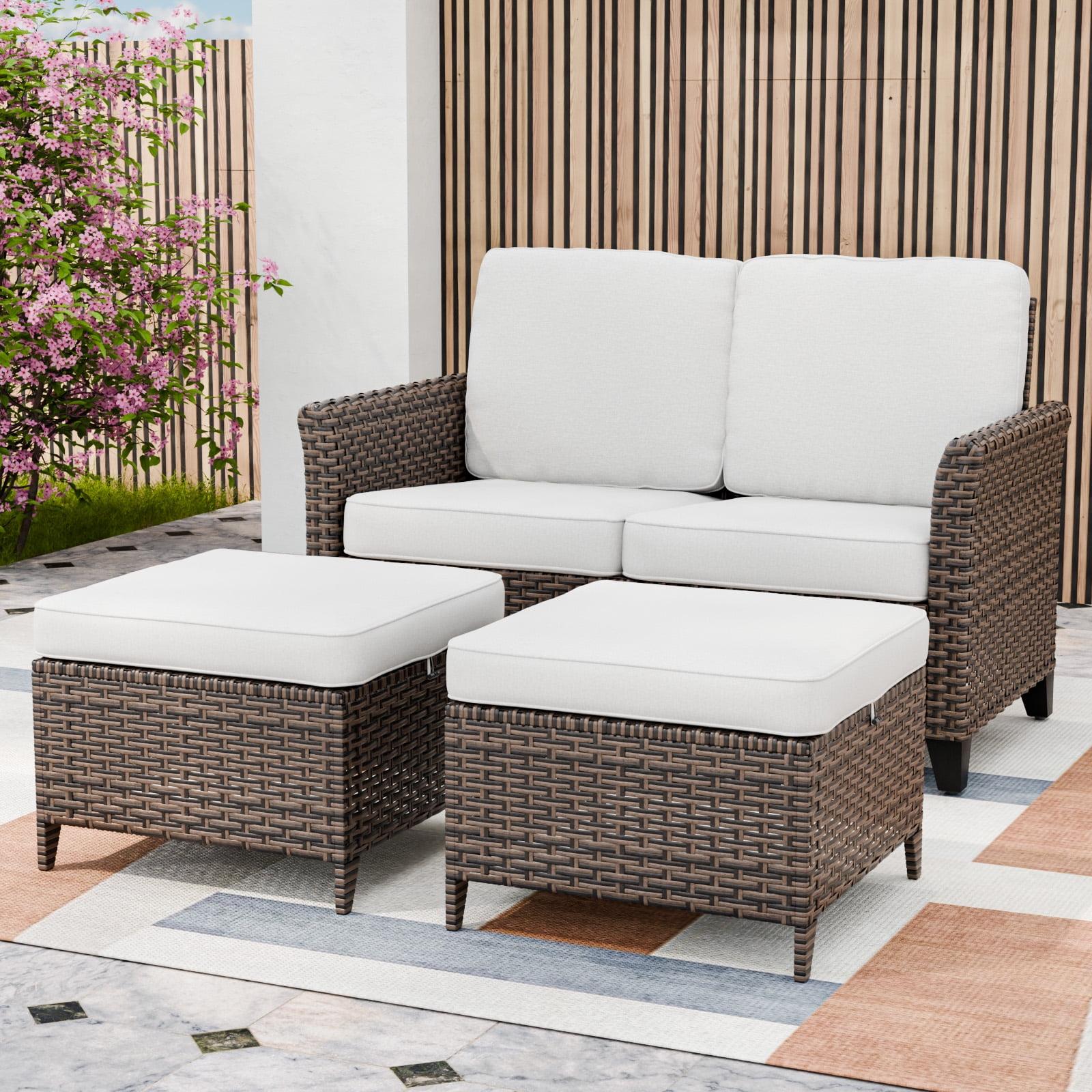 Outdoor Brown Wicker Loveseat Set with Beige Cushions