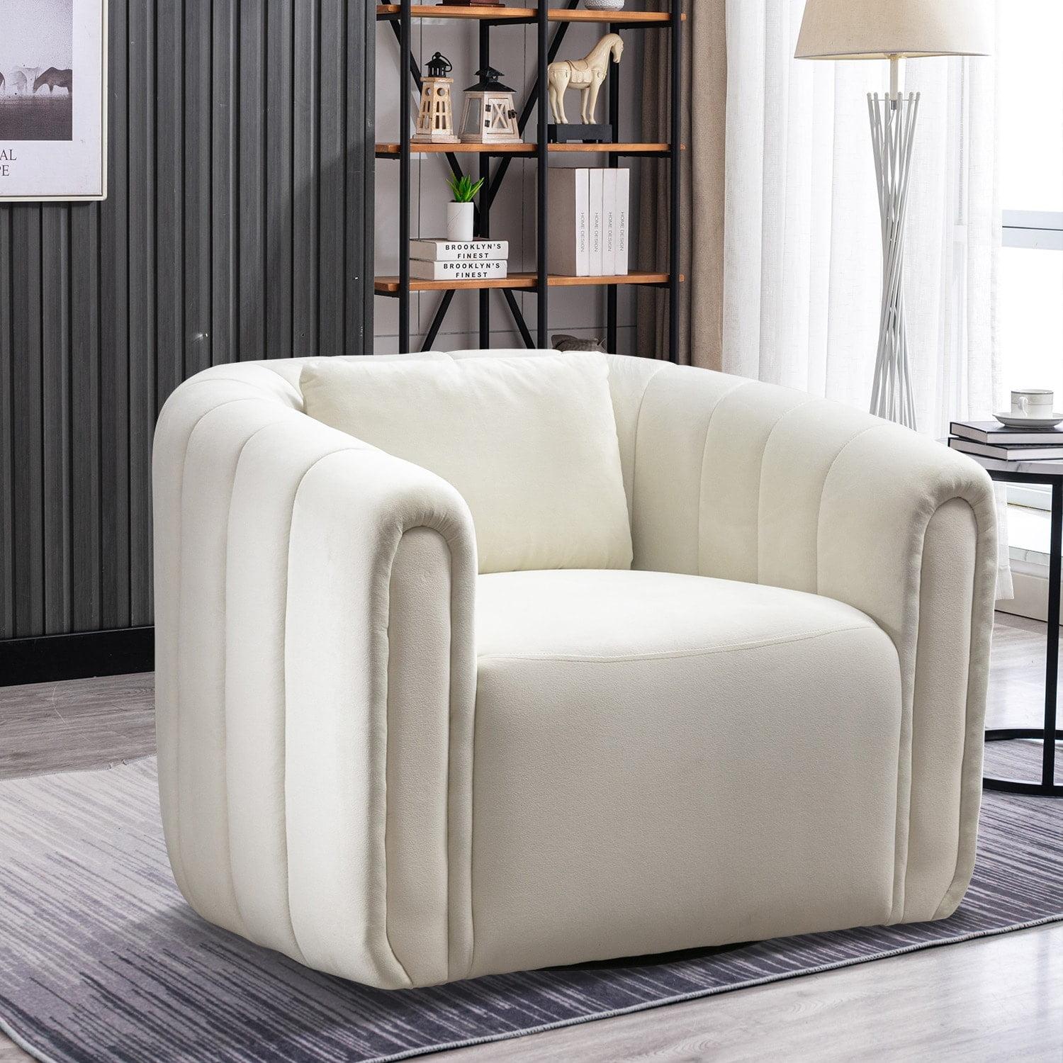 Bonzy Home Swivel Barrel Chair with Plump Pillow, Modern Channel Velvet Accent Chair, Comfy Round Armchair, Swivel Accent Chair for Living Room Bedroom (Beige)