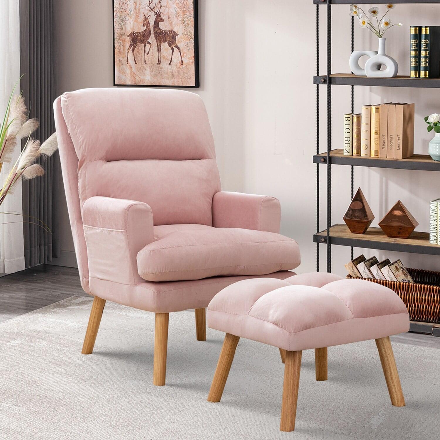 Pink Velvet Barrel Accent Chair with Ottoman