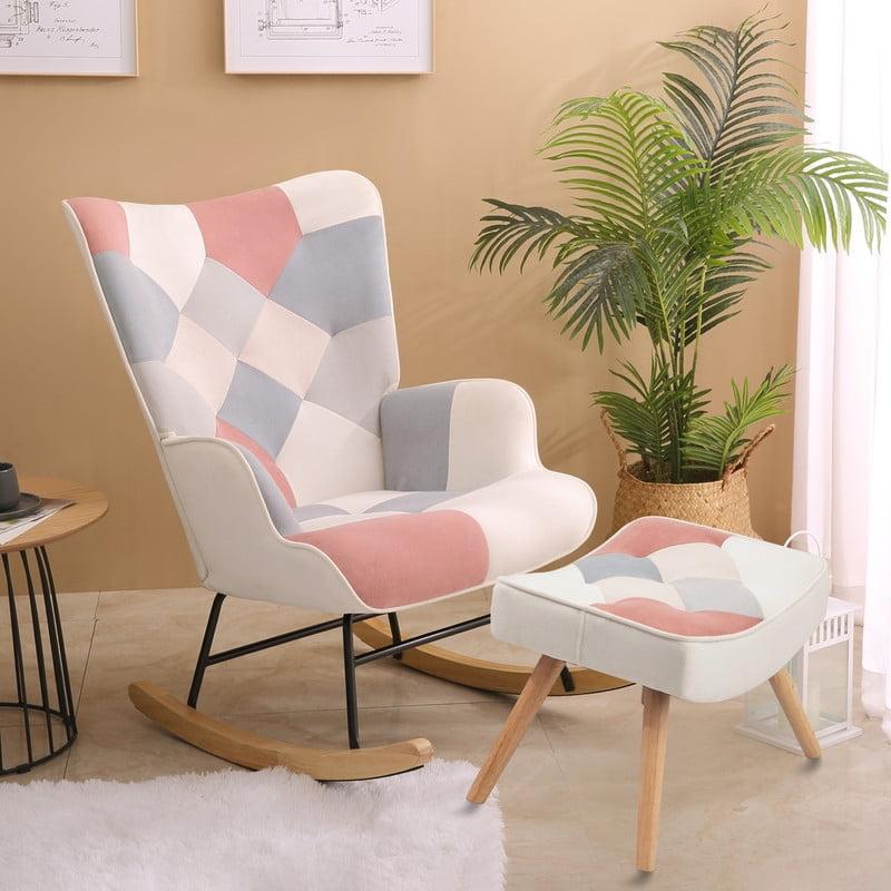 Accent Rocking Chair, Mid Century Fabric Rocker Recliner Chairs with Wood Legs and Patchwork Linen for Livingroom Bedroom, Pink