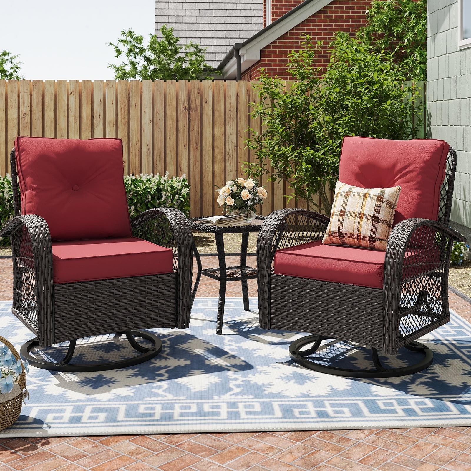 MRUAKA 3 Pieces Patio Furniture Set, Outdoor Swivel Gliders Rocker, Wicker Patio Bistro Set with Rattan Rocking Chair, Glass Top Side Table and Thickened Cushions for Porch Deck Backyard(Red)
