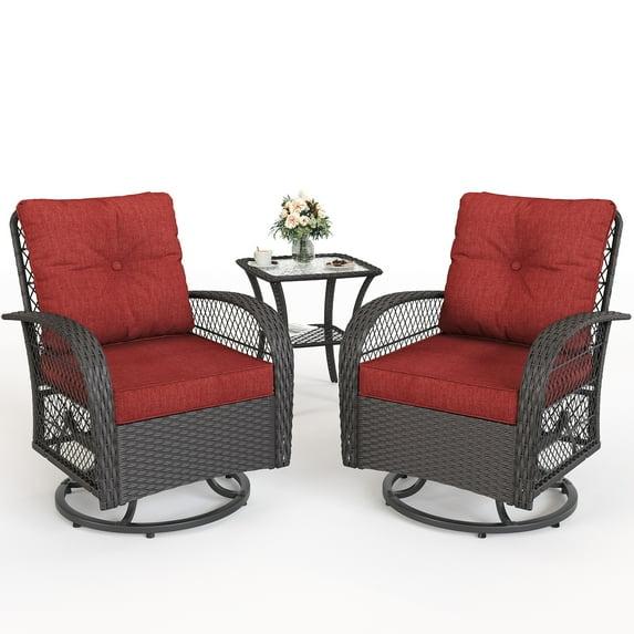 MRUAKA 3 Pieces Patio Furniture Set, Outdoor Swivel Gliders Rocker, Wicker Patio Bistro Set with Rattan Rocking Chair, Glass Top Side Table and Thickened Cushions for Porch Deck Backyard(Red)