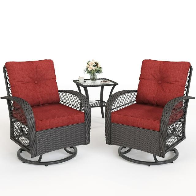 MRUAKA 3 Pieces Patio Furniture Set, Outdoor Swivel Gliders Rocker, Wicker Patio Bistro Set with Rattan Rocking Chair, Glass Top Side Table and Thickened Cushions for Porch Deck Backyard(Red)
