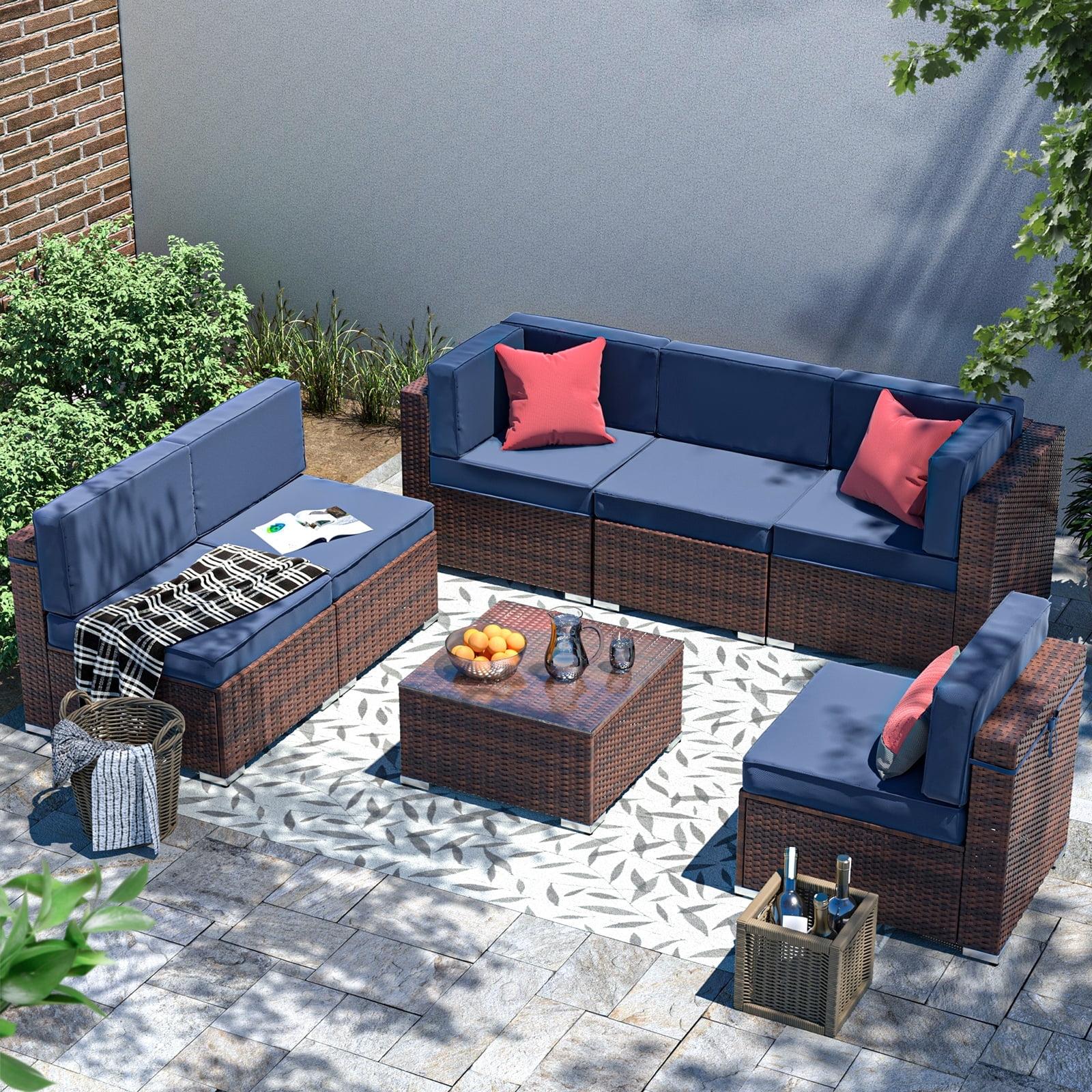 Denim Blue 7-Piece Rattan Wicker Outdoor Sectional Sofa Set